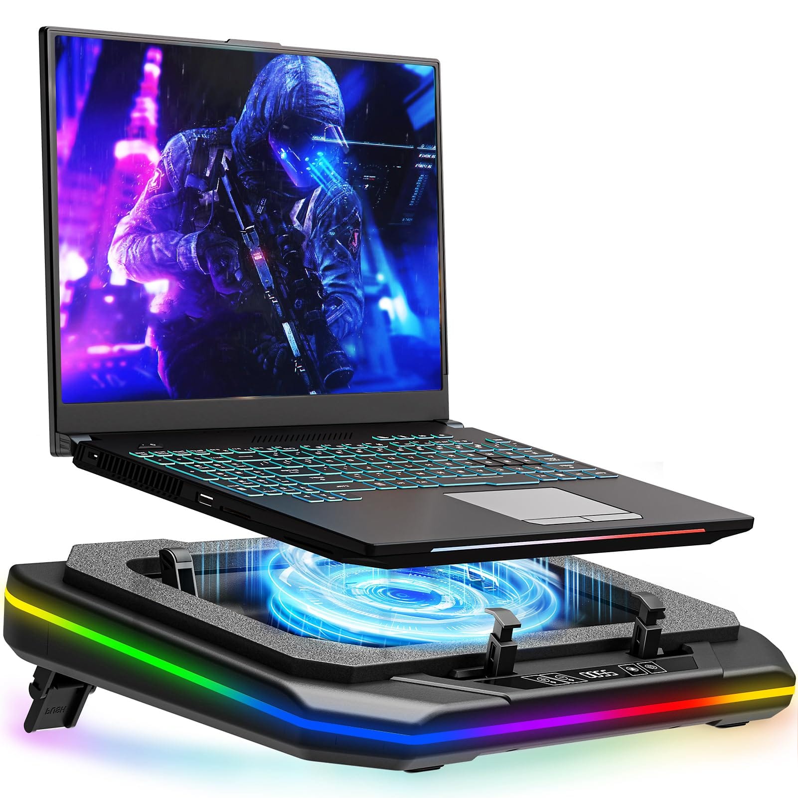HongFei - Gaming Laptop Cooling Pad, RGB Laptop Cooler Stand with Powerful Turbofan, Height Adjustable for 13-19 Inch Notebook - Black