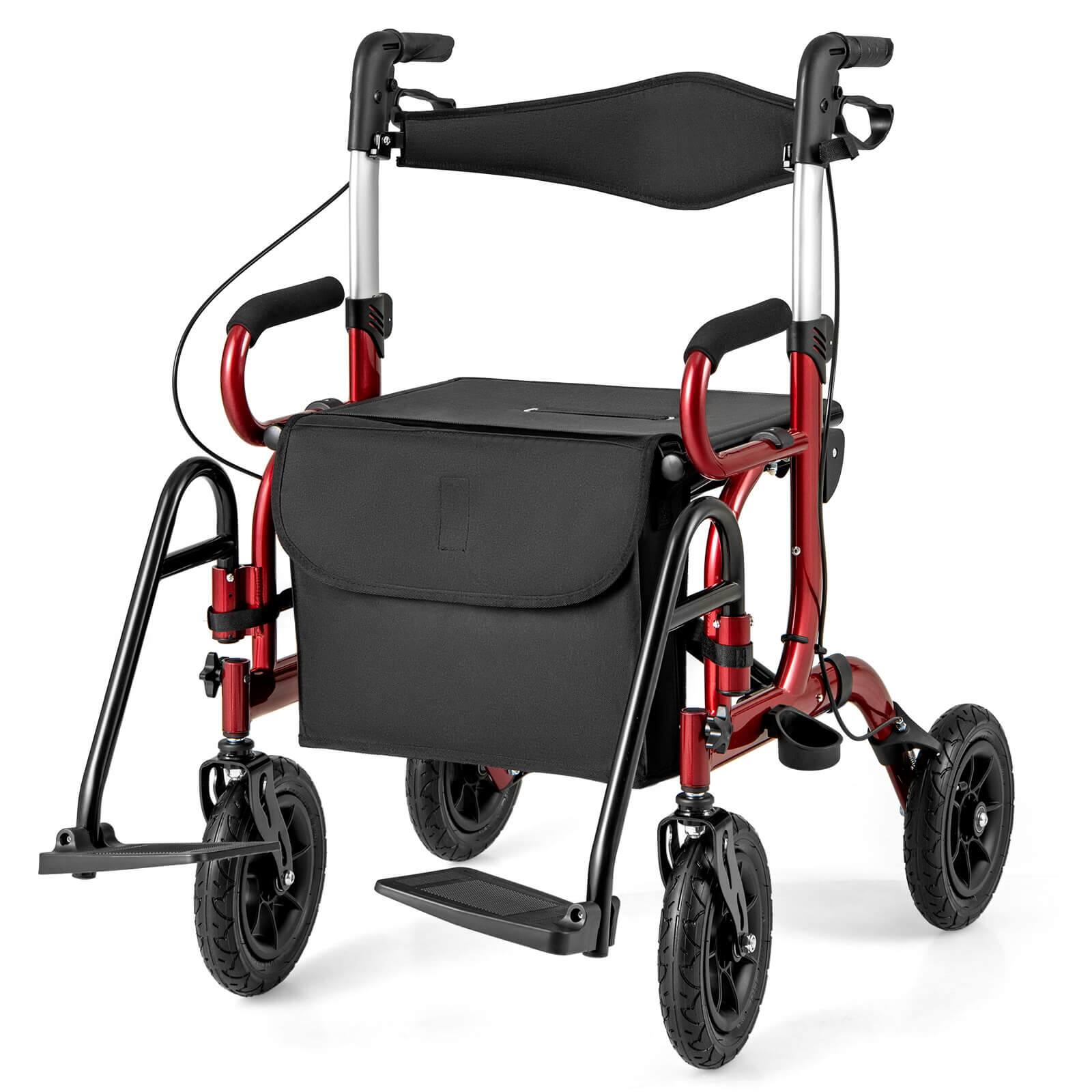 Front. Costway - Costway 2-in-1 Rollator Walker for Seniors with Seat 9" Pneumatic Tires for All Terrain Red - Red.