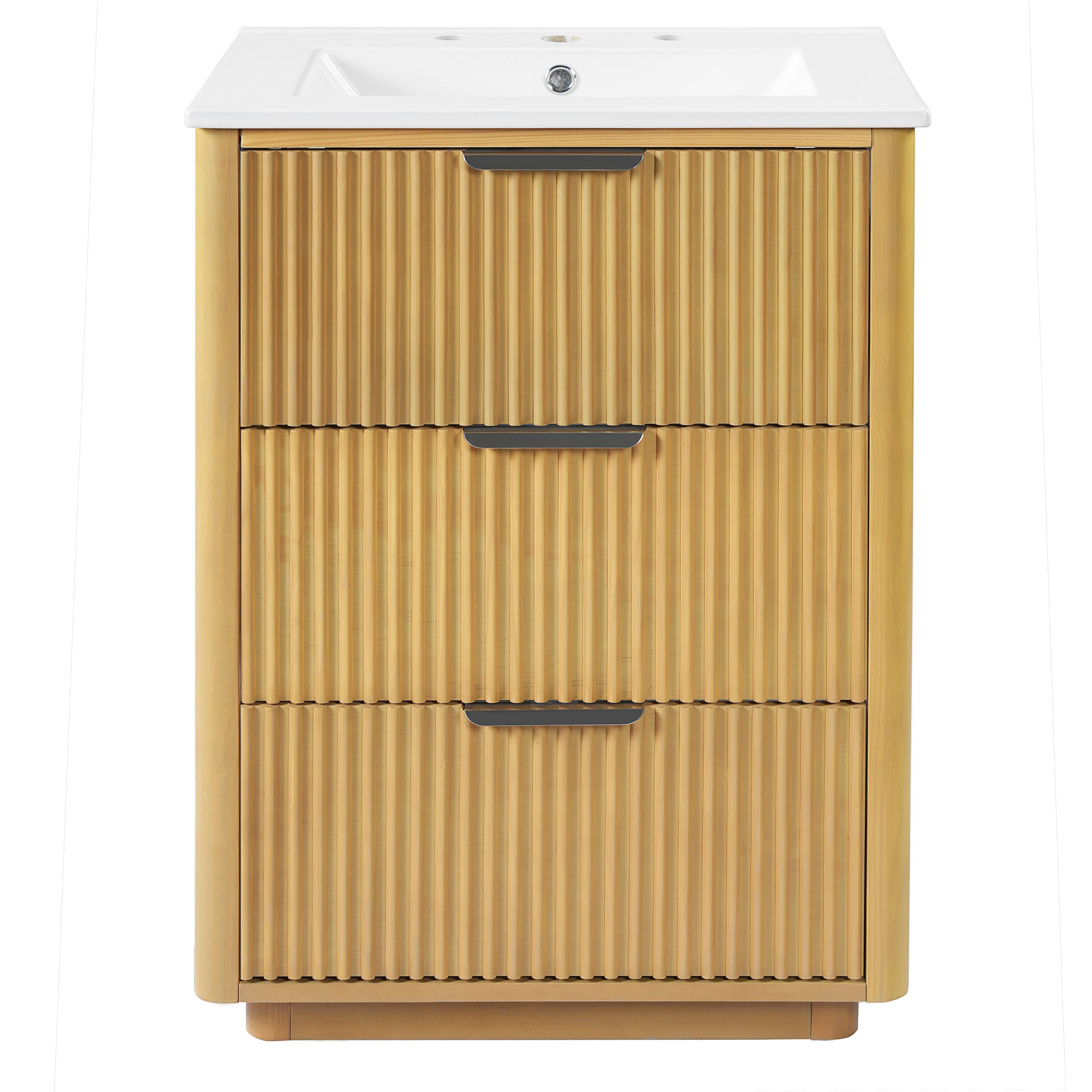 Back. Whisen - 24" Modern Bathroom Vanity with Ceramic Sink, with Open Shelf and Closed Storage for Bathroom - Natural Wood.