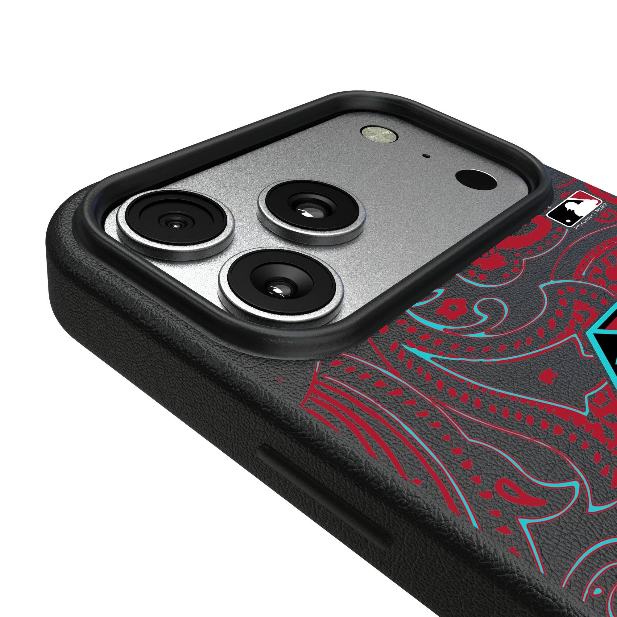Alt View 2. Keyscaper - Arizona Diamondbacks Paisley iPhone Magnetic Bump Case - 15 Pro Max - Black.