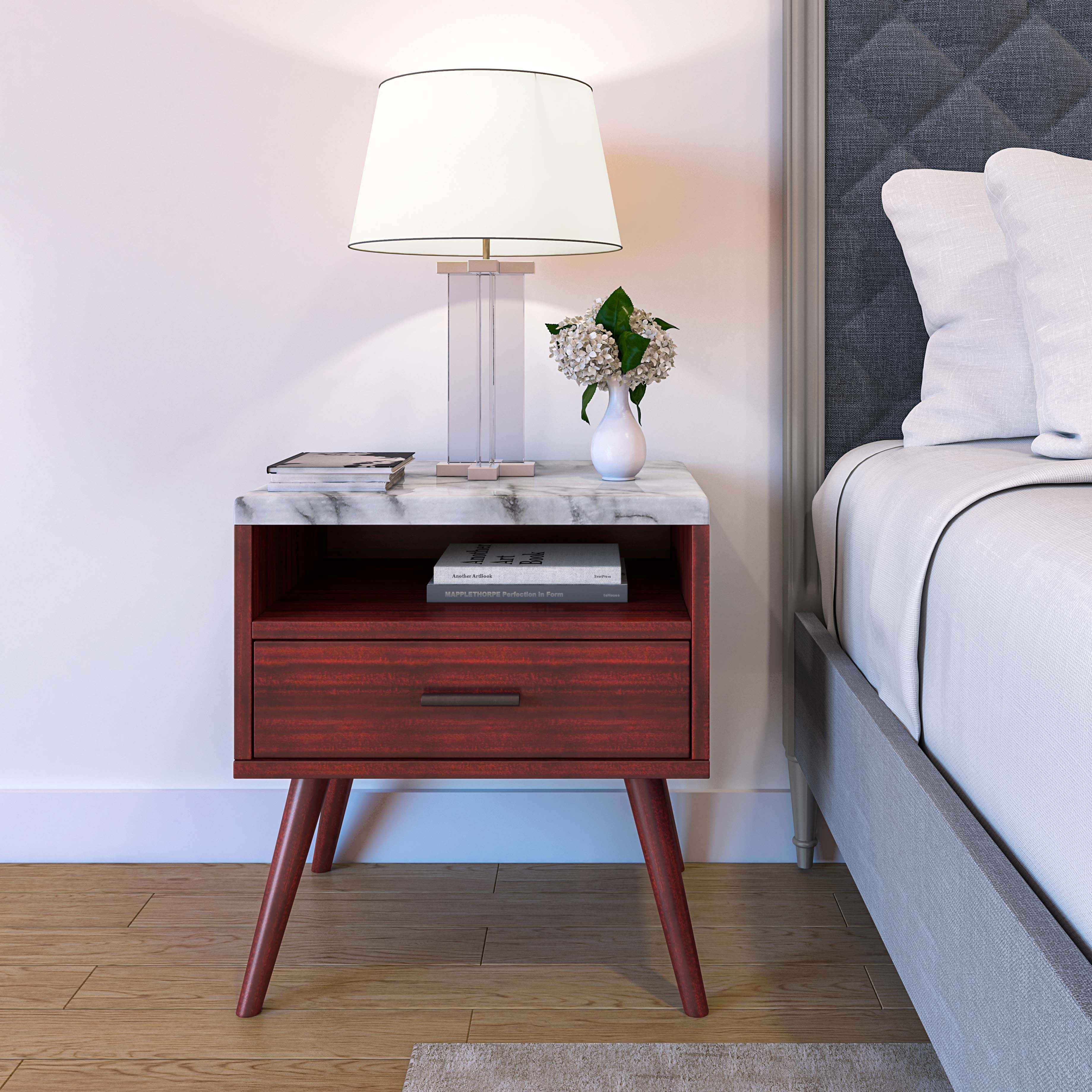 Alt View 1. Boyd Sleep - Boyd Sleep 21.6" Faux Marble Top Marcello Mid Century Nightstand - Cherry.
