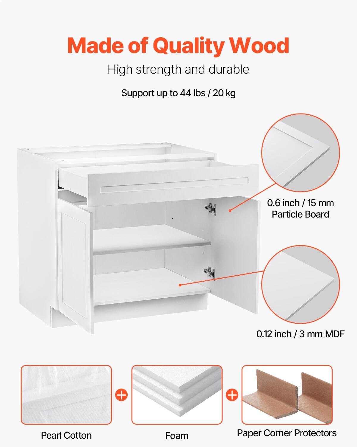Made of Quality Wood

High strength and durable

Support up to 44 lbs / 20 kg

0.6 inch / 15 mm Particle Board

0.12 inch / 3 mm MDF

Pearl Cotton + Foam + Paper Corner Protectors
