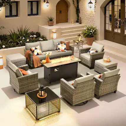 Front. Ovios - 10 PCS Patio Furniture, Wicker Sofa with 54" Fire Pit Table, High Back Armchair with Coffee Table & Ottoman - Dark Gray.