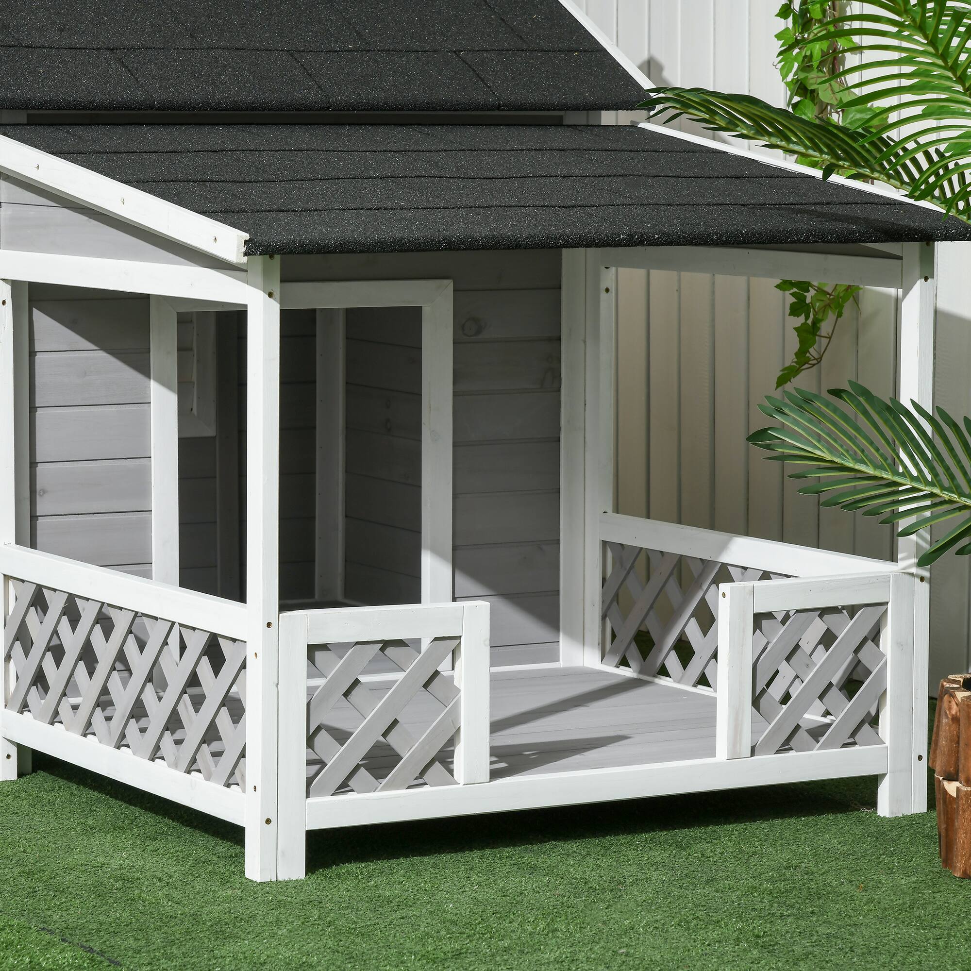 Alt View 4. Pawhut - Wooden Dog House Outdoor with Porch, Cabin Style Raised Dog Shelter with Asphalt Roof, Doors, Shutter Window.