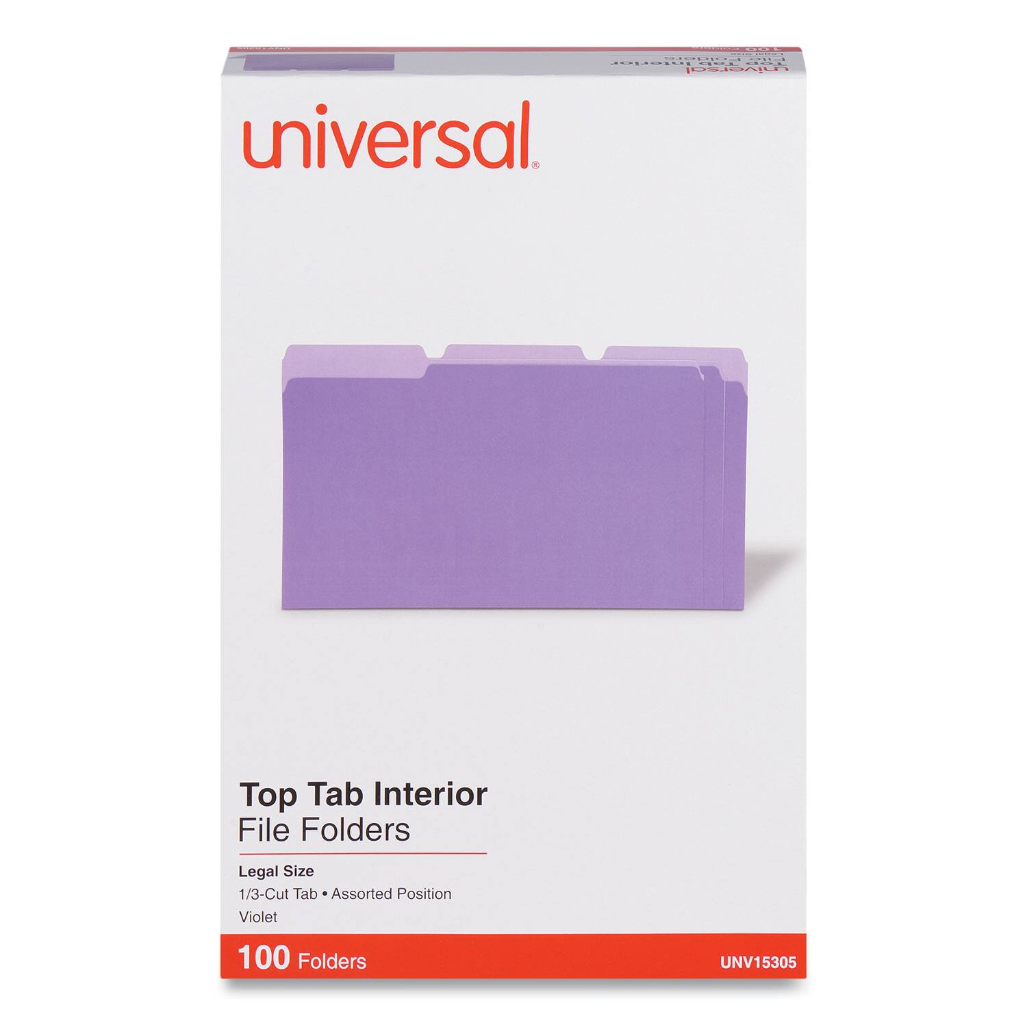 - Universal
- Top Tab Interior File Folders
- Legal Size
- 1/3-Cut Tab
- Assorted Position
- Violet
- 100 Folders
- UNV15305