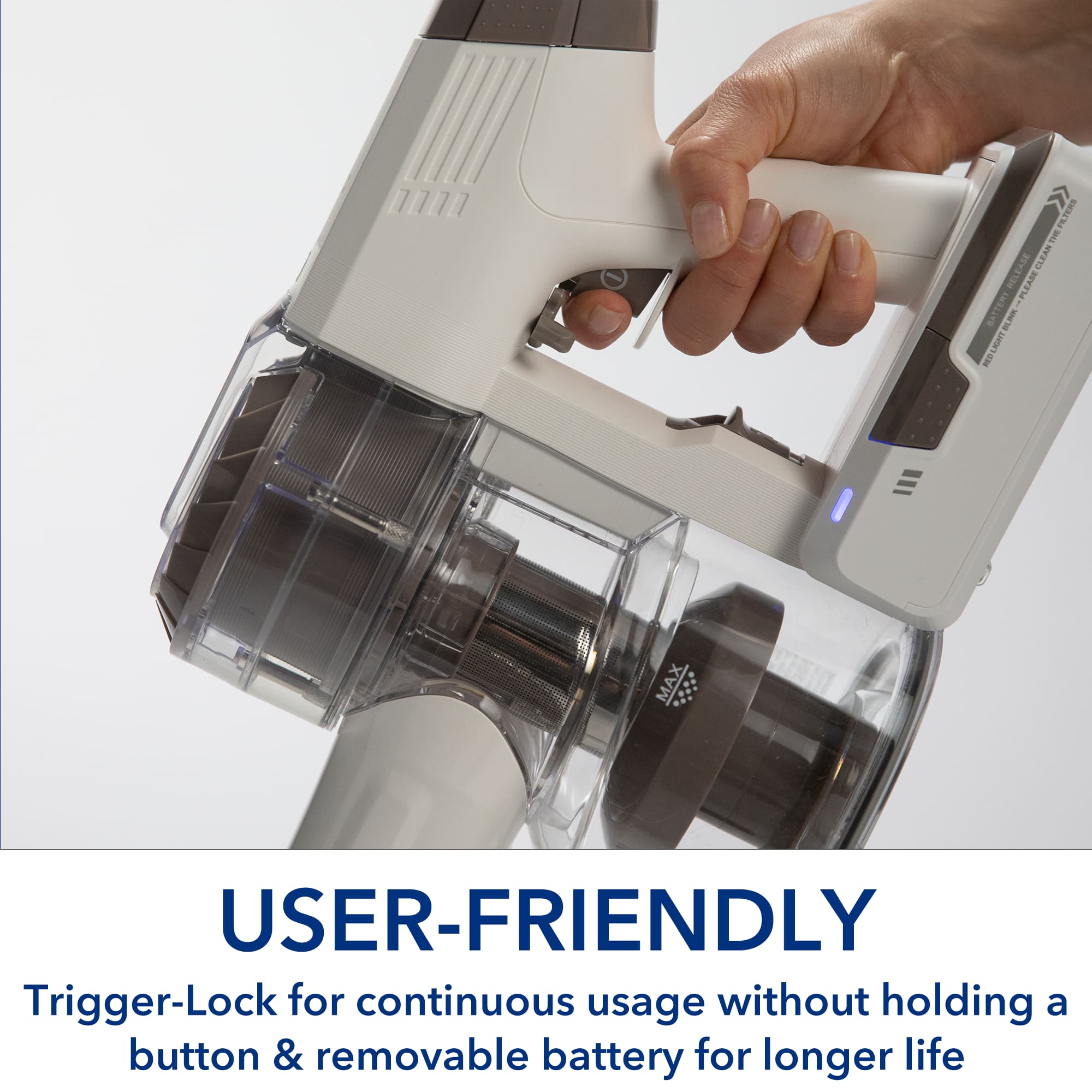 User-friendly trigger-lock for continuous usage without holding a button & removable battery for longer life.