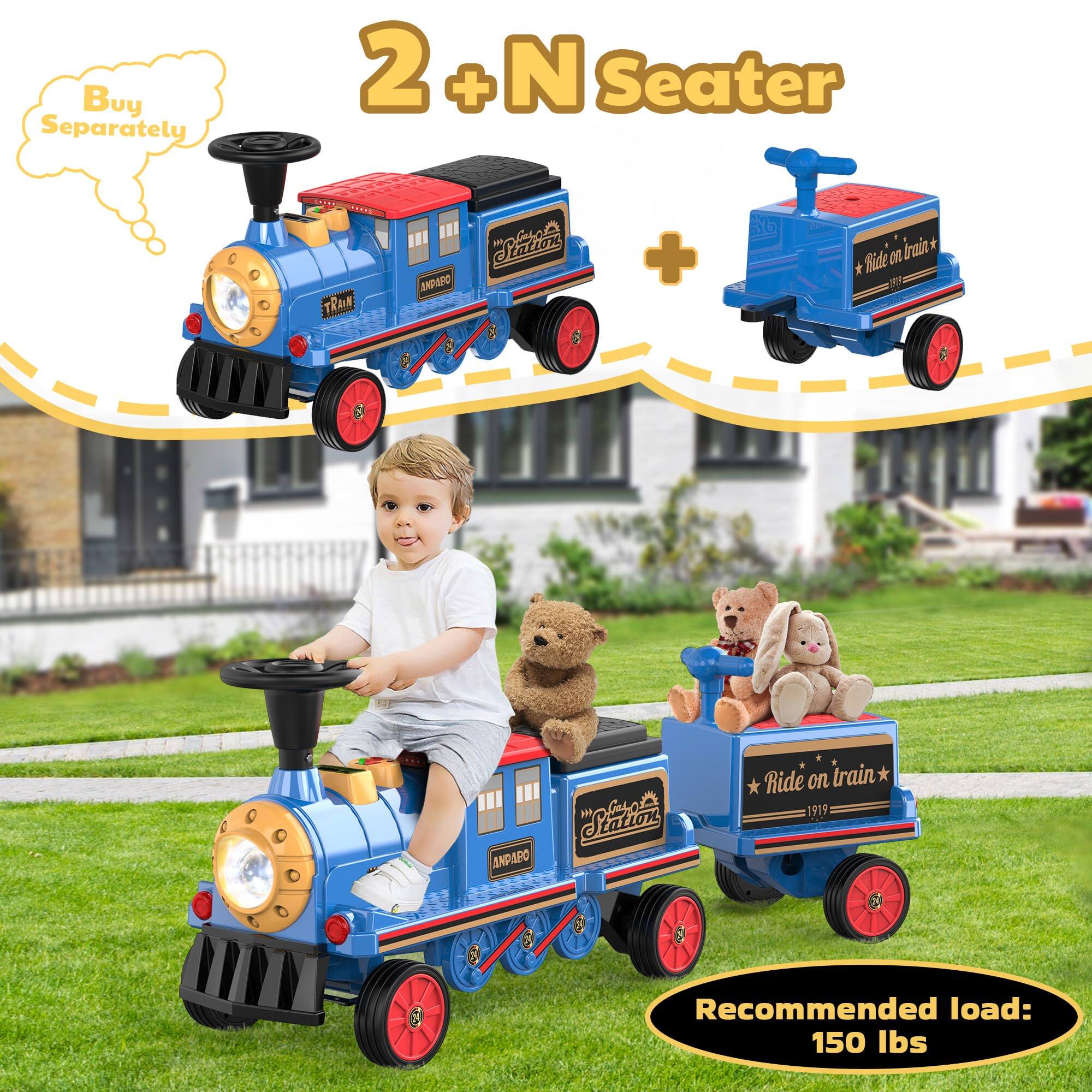 Buy Separately  
2 + N Seater  
LETER MAKE TRAIN  
Stations MM CLA ANPARO  
+  
KG  
Inaia * Ride on  
Stating Caros ANPARO  
Ride on train 1919  
Recommended load: 150 lbs