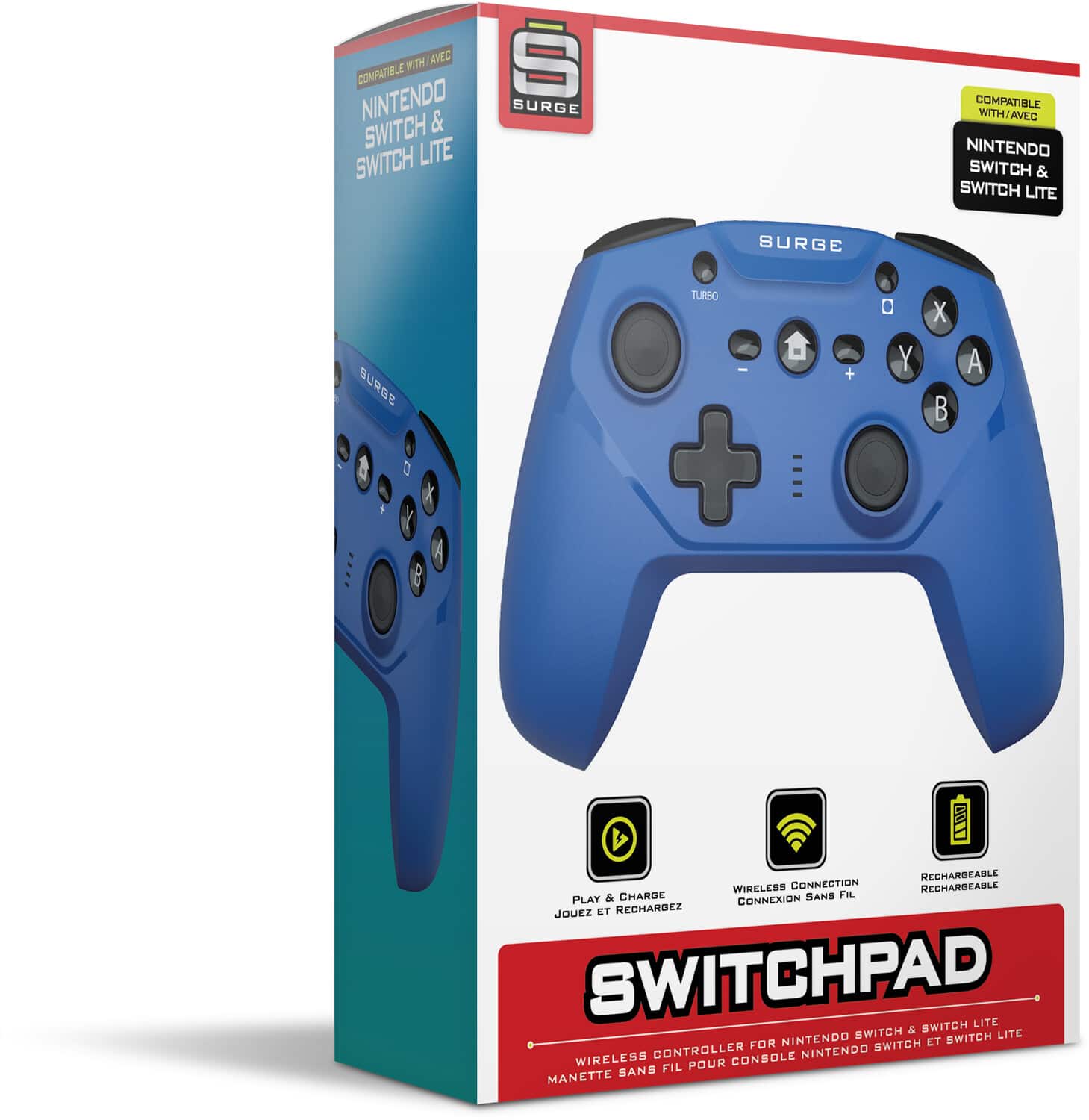 **Compatible with / Avec Nintendo Switch & Switch Lite**
**Surge**
**Switchpad**
**Wireless Controller for Nintendo Switch & Switch Lite**
**Manette Sans Fil pour Console Nintendo Switch et Switch Lite**
**Play & Charge / Jouez et Rechargez**
**Wireless Connection / Connexion Sans Fil**
**Rechargeable / Rechargeable**