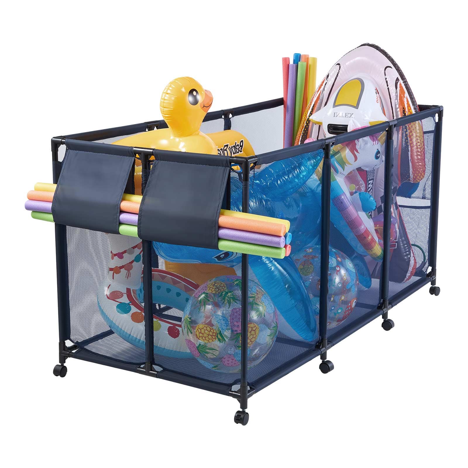 VEVOR - Pool Storage Bin, 69 x 32 x 35 in, Rolling Pool Float Storage Organizer with Side Pockets & Noodles Holder - Black Frame, Black Connectors & Blue Mesh Fabric