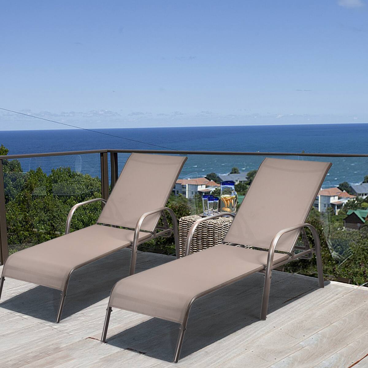 Angle. Mondawe - 2-Piece Fabric Chaise Lounge w/ Adjustable Reclining Armrest, Outdoor Patio Recliner Set for Poolside - Brown.
