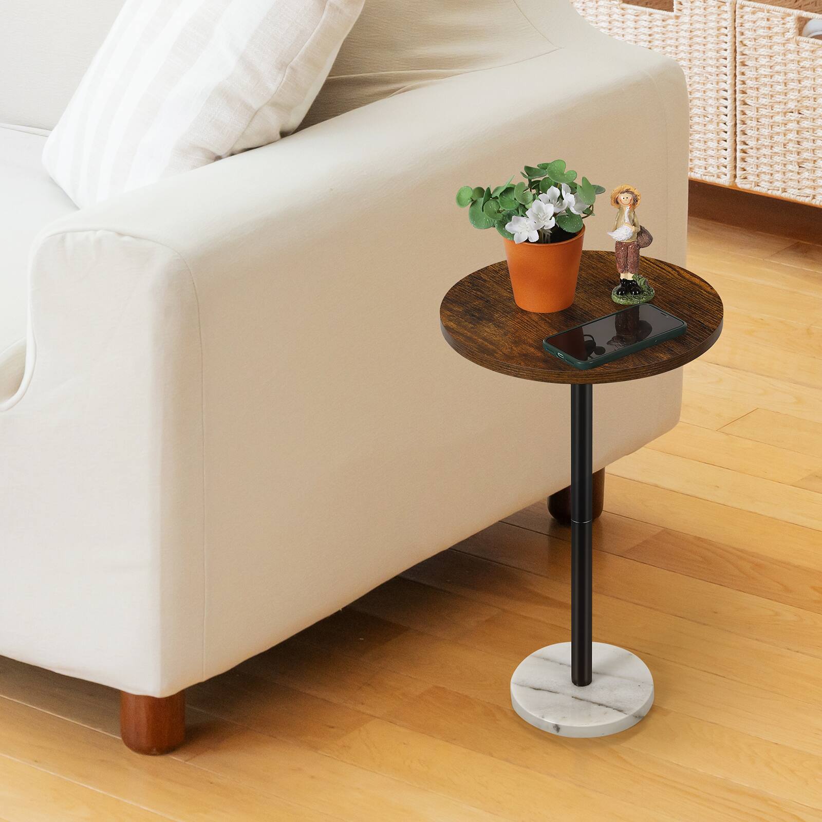 Alt View 3. Oumilen - Round Rustic Burnt Wood Side Table with White Marble Base, Compact Accent End Table - White.