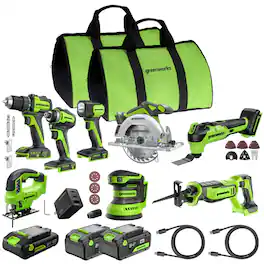 Greenworks - 24V 8pcs Combo, Drill+Impact Driver+Circular Saw+Recip Saw+Jig Saw+Sander+Flashlight+Oscillating Tool - Green