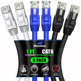Maximm - Cat 6 Ethernet Cable 1 ft (6-Pack) - UTP, 10Gbps, 550MHz