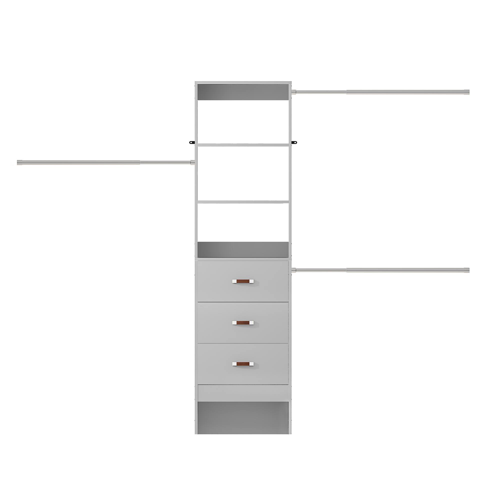Angle. Aheaplus - 96-inch Closet System: 3 Hanging Rods & 3 Wooden Drawers, Adjustable for 5-8FT Walk-in Wardrobe - Gray.