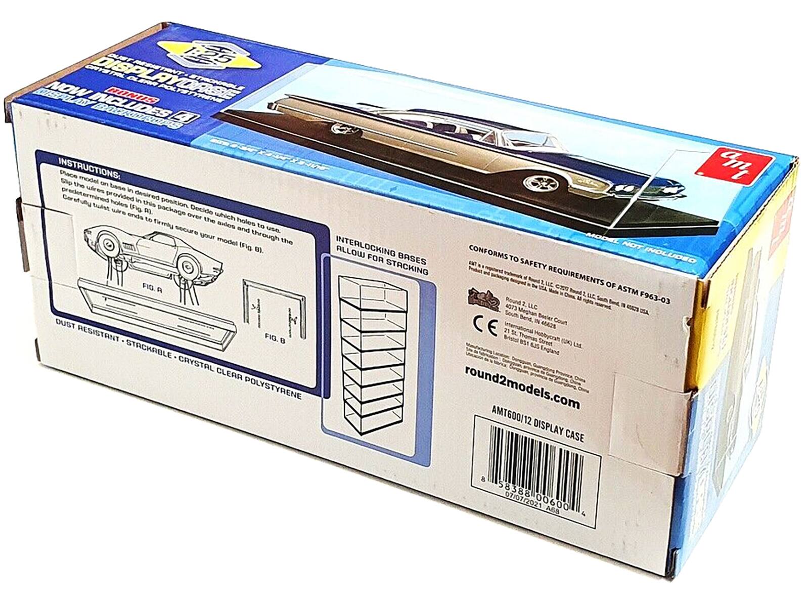 **DISPLAY OLIAR OK TES ETRONABLE LESAI NOW BONIT**

**INSTRUCTIONS:**
Place model on base in desired position. Dip the wire provided in the package over the holes (Fig. 1). Carefully twist the wire ends to firmly secure your model (Fig. 2).

**INTERLOCKING BASES ALLOW FOR STACKING**

**CONFORMS TO SAFETY REQUIREMENTS OF ASTM F963-03**

**DUST RESISTANT • STACKABLE • CRYSTAL CLEAR POLYSTYRENE**

**round2models.com**

**DISPLAY CASE**

**AMT600/12**

**07/07/2021**

**00600**

**AGS 4**

**4073 LLC**

**South Meghan Beeier Bend, IN Court**

**442%**

**FIG 1**

**FIG 2**

**CE**

**round2models.com**

**AMT600/12**

**07/07/2021**

**00600**

**AGS 4**

**4073 LLC**

**South Meghan Beeier Bend, IN Court**

**