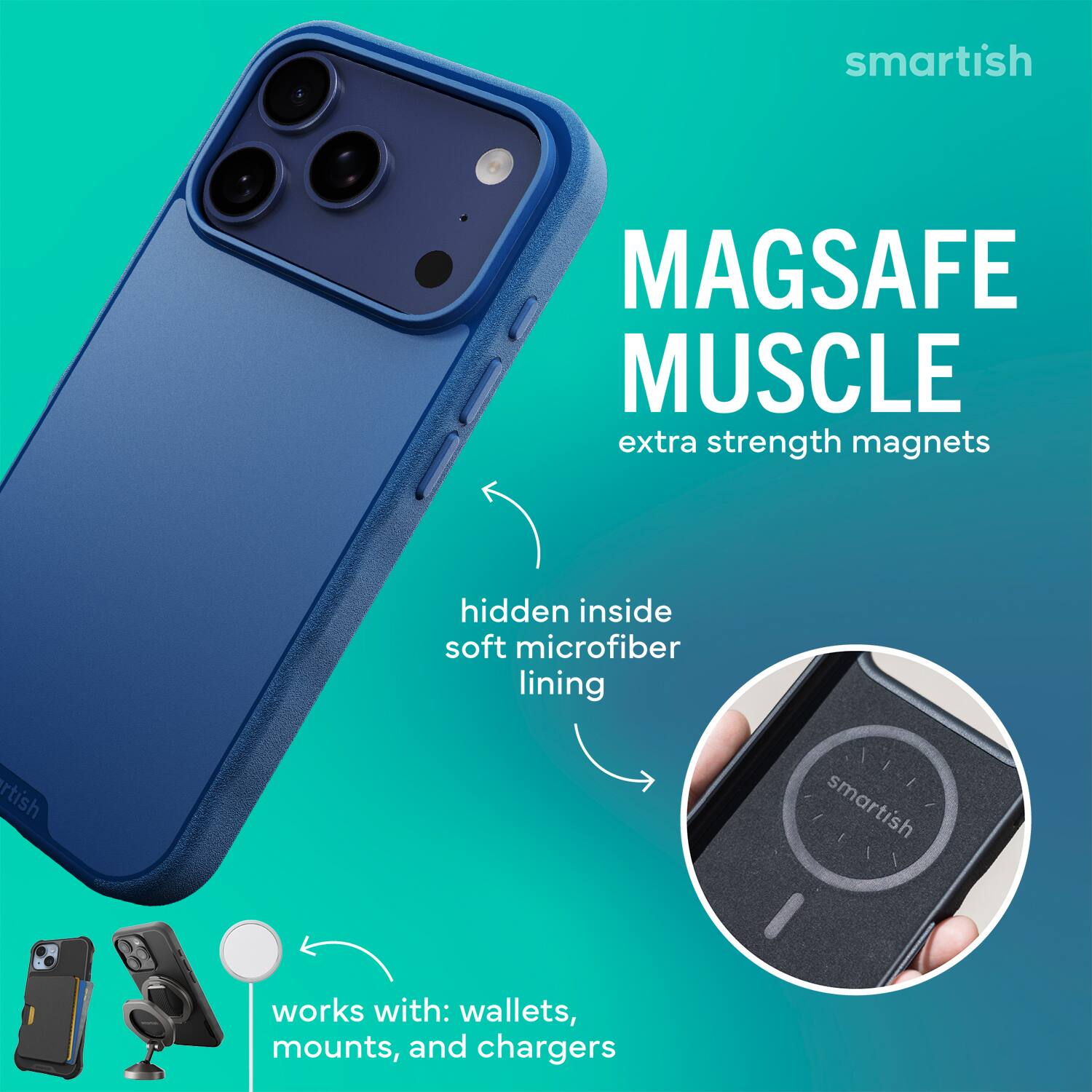 smartish MAGSAFE MUSCLE extra strength magnets hidden inside soft microfiber lining smartish works with: wallets, mounts, and chargers