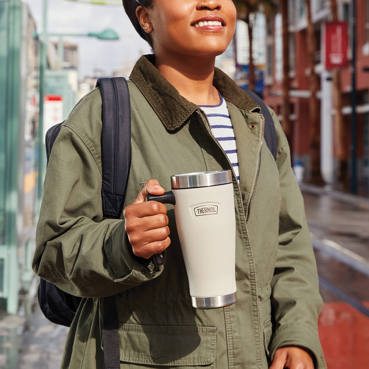 Back. Thermos - Thermos 16 oz. Icon Stainless Steel Travel Mug - Sandstone - Sandstone.