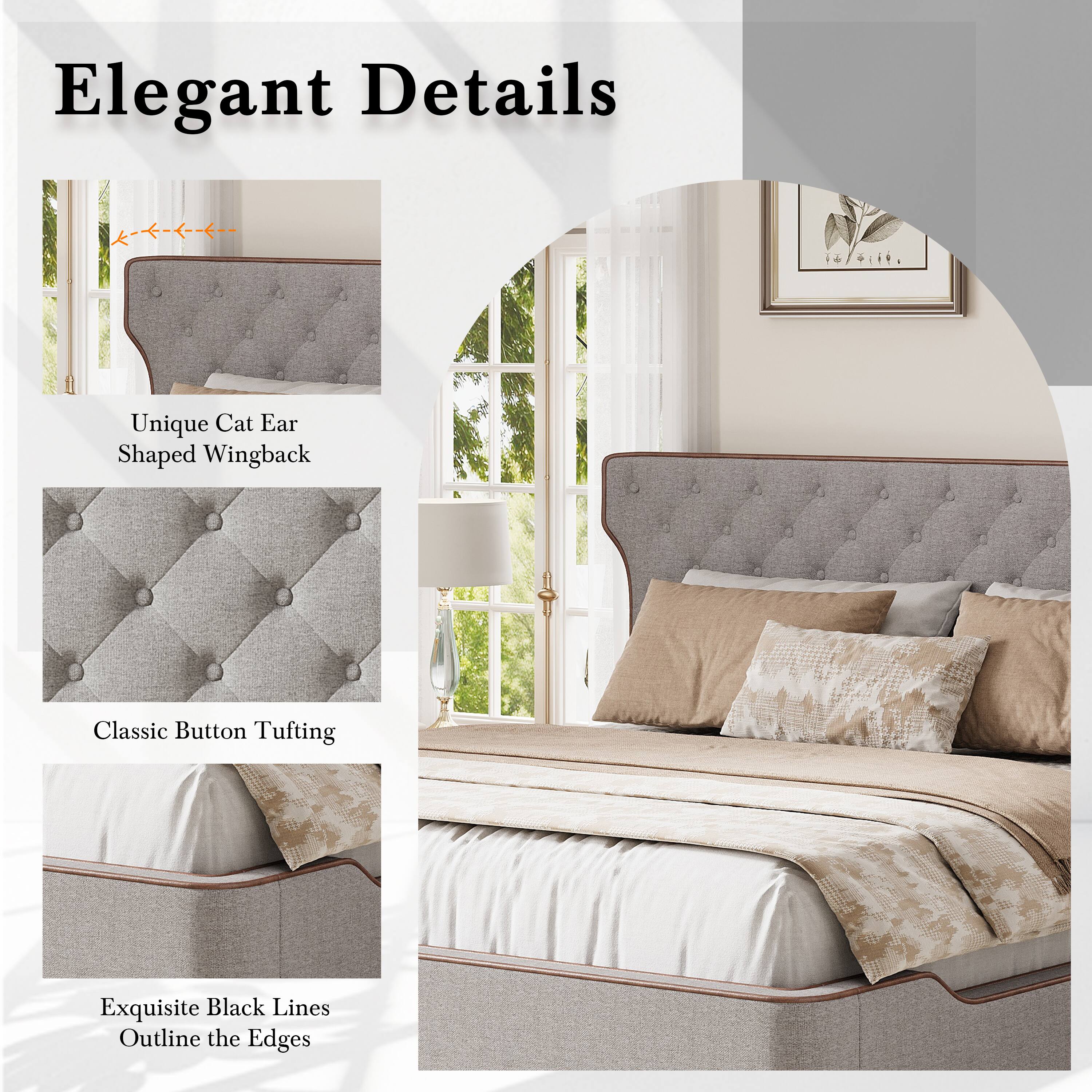 Elegant Details

- Unique Cat Ear Shaped Wingback
- Classic Button Tufting
- Exquisite Black Lines Outline the Edges