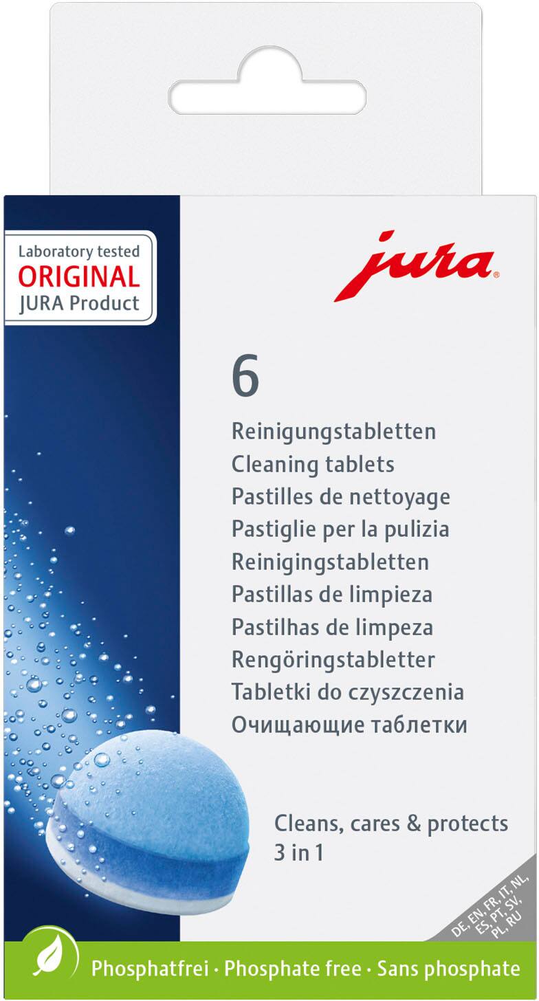 Laboratory tested ORIGINAL jura. JURA Product 6 Reinigungstabletten Cleaning tablets Pastilles de nettoyage Pastiglie per la pulizia Reinigingstabletten Pastillas de limpieza Pastilhas de limpeza Rengringstabletter Tabletki do czyszczenia Cleans, cares & protects 3 in 1 NL, IT, FR, SV, EN, PT, RU DE, ES, PL, Phosphatfrei Phosphate free Sans phosphate