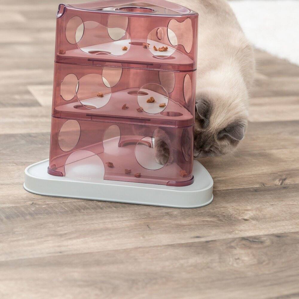 Angle. TRIXIE - Cheese Tower Strategy Game for Cats, Puzzle Toy, Treat Dispenser - Berry/Gray.