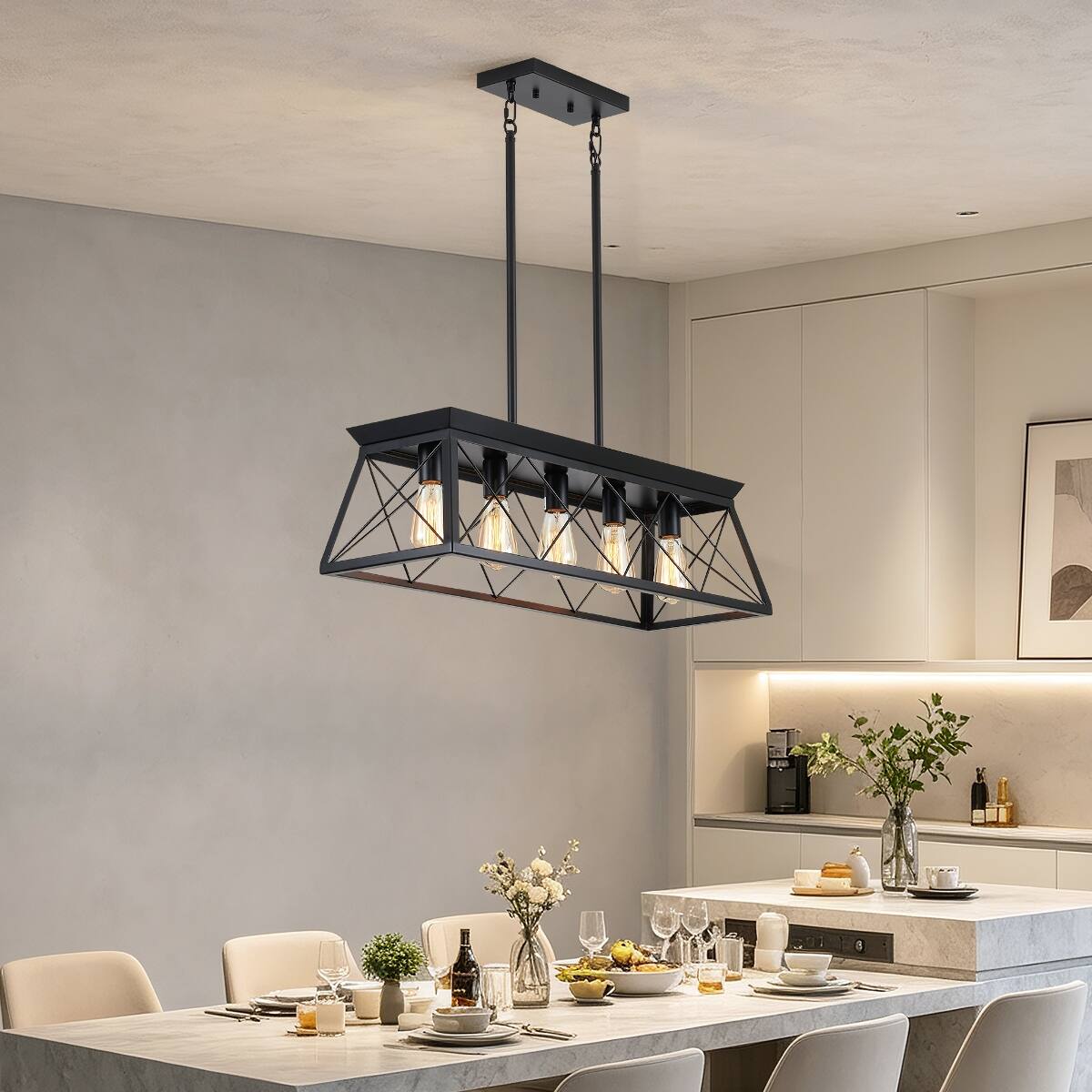 Angle. Loheer - Loheer 5 Light Farmhouse Chandelier, Black Kitchen Island Pendant Light with Adjustable Height.