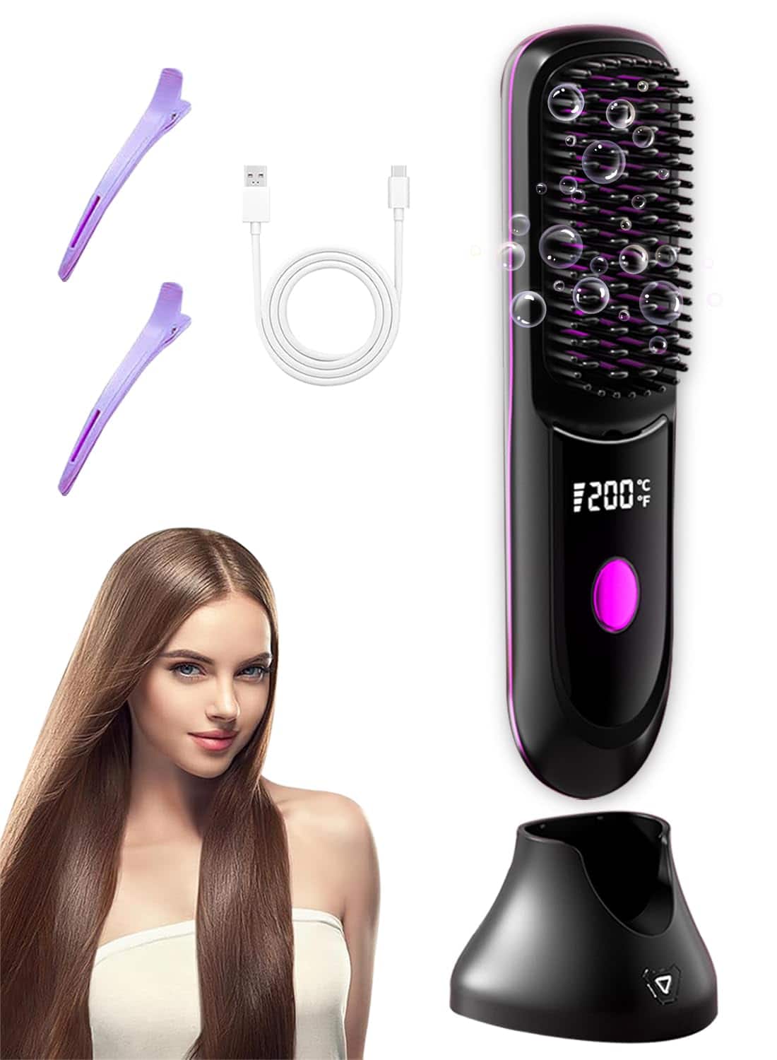 The Best Inks - Go Brush Pro Hair Straightener - Cordless Comb With Negative Ion 7400mah Fast Heating Portable Travel - Black