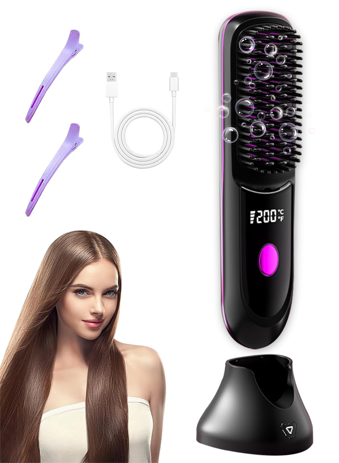 The Best Inks - Go Brush Pro Hair Straightener - Cordless Comb With Negative Ion 7400mah Fast Heating Portable Travel - Black