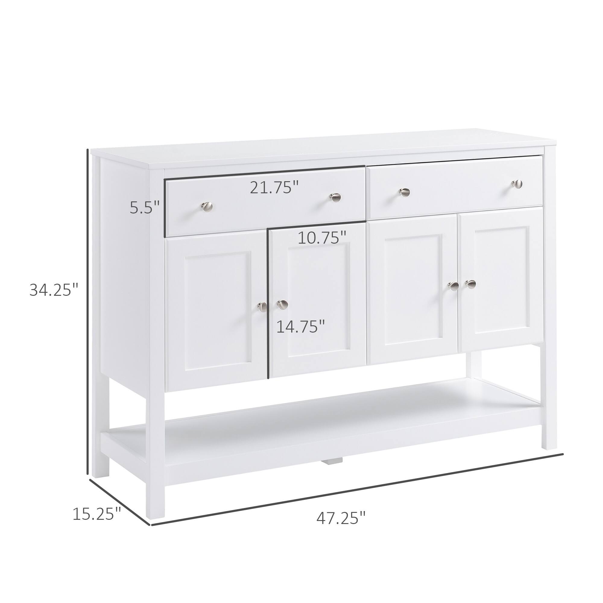 Width: 47.25"
Depth: 34.25"
Height: 15.25"
Top: 21.75"
Drawer: 10.75"
Shelf: 14.75"
Side: 5.5"