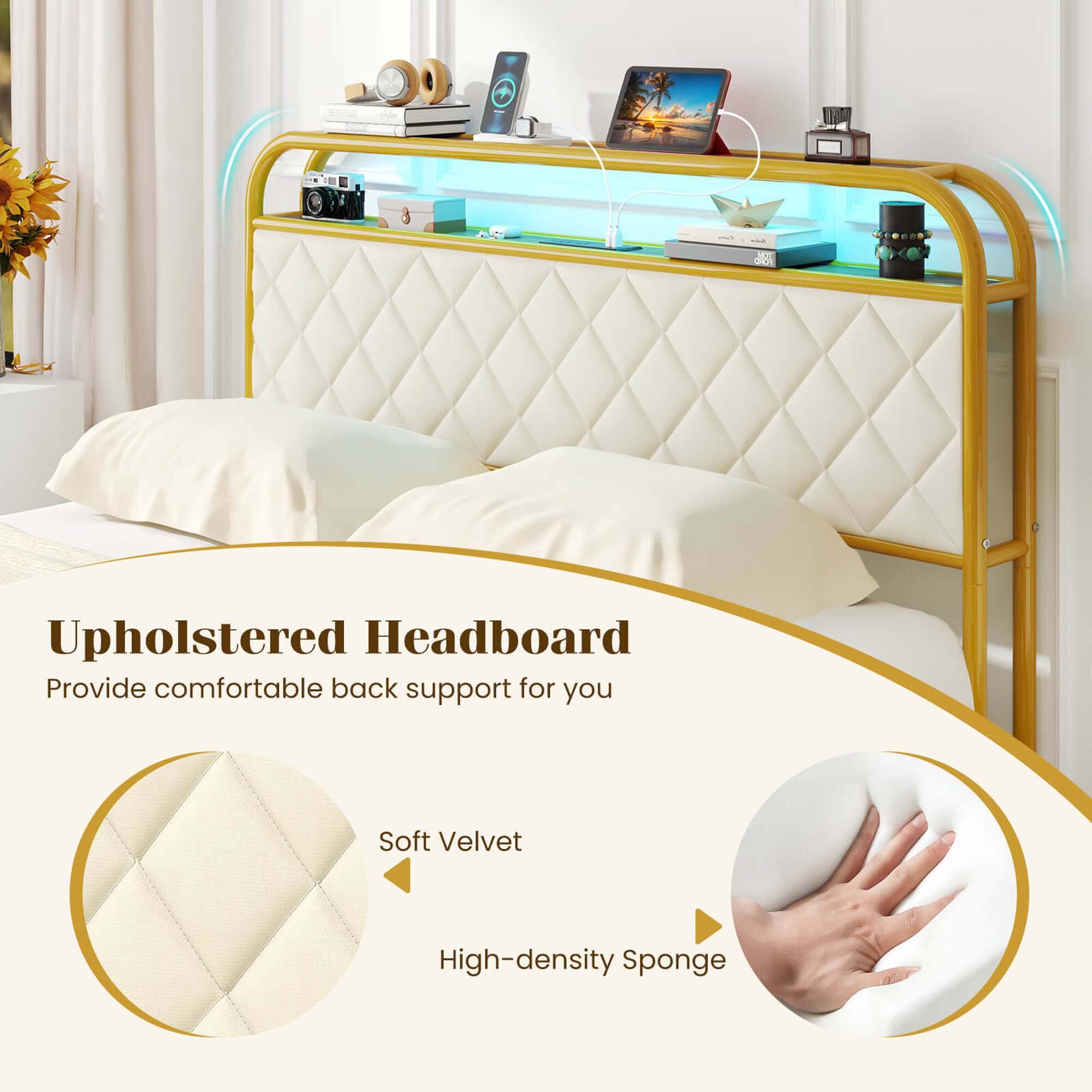 A Upholstered Headboard provides comfortable back support for you. It features a soft velvet material and a high-density sponge for added comfort and support.