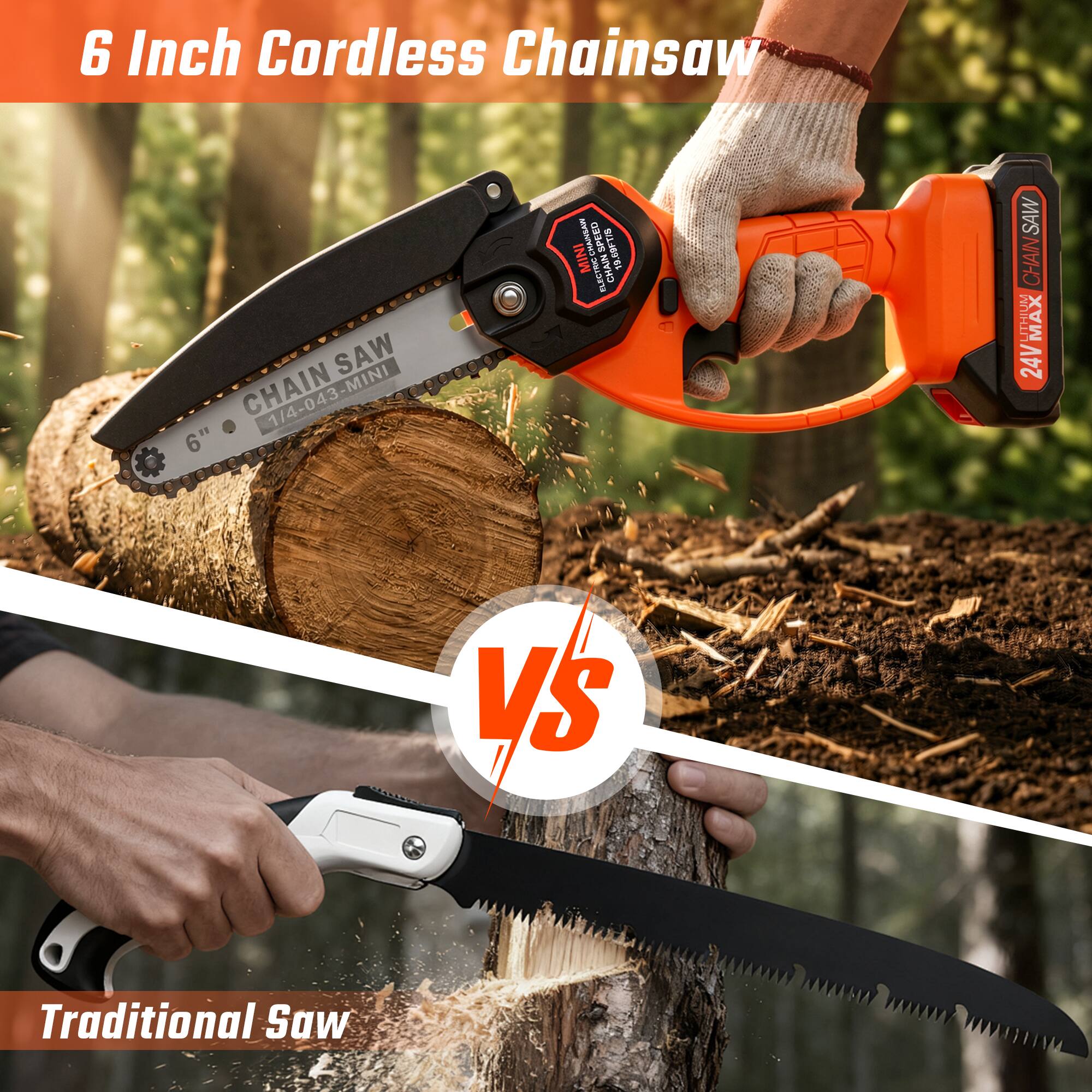 6 Inch Cordless Chainsaw

CHAIN SAW
6" 1/4-043-MINI

24V MAX

VS

Traditional Saw