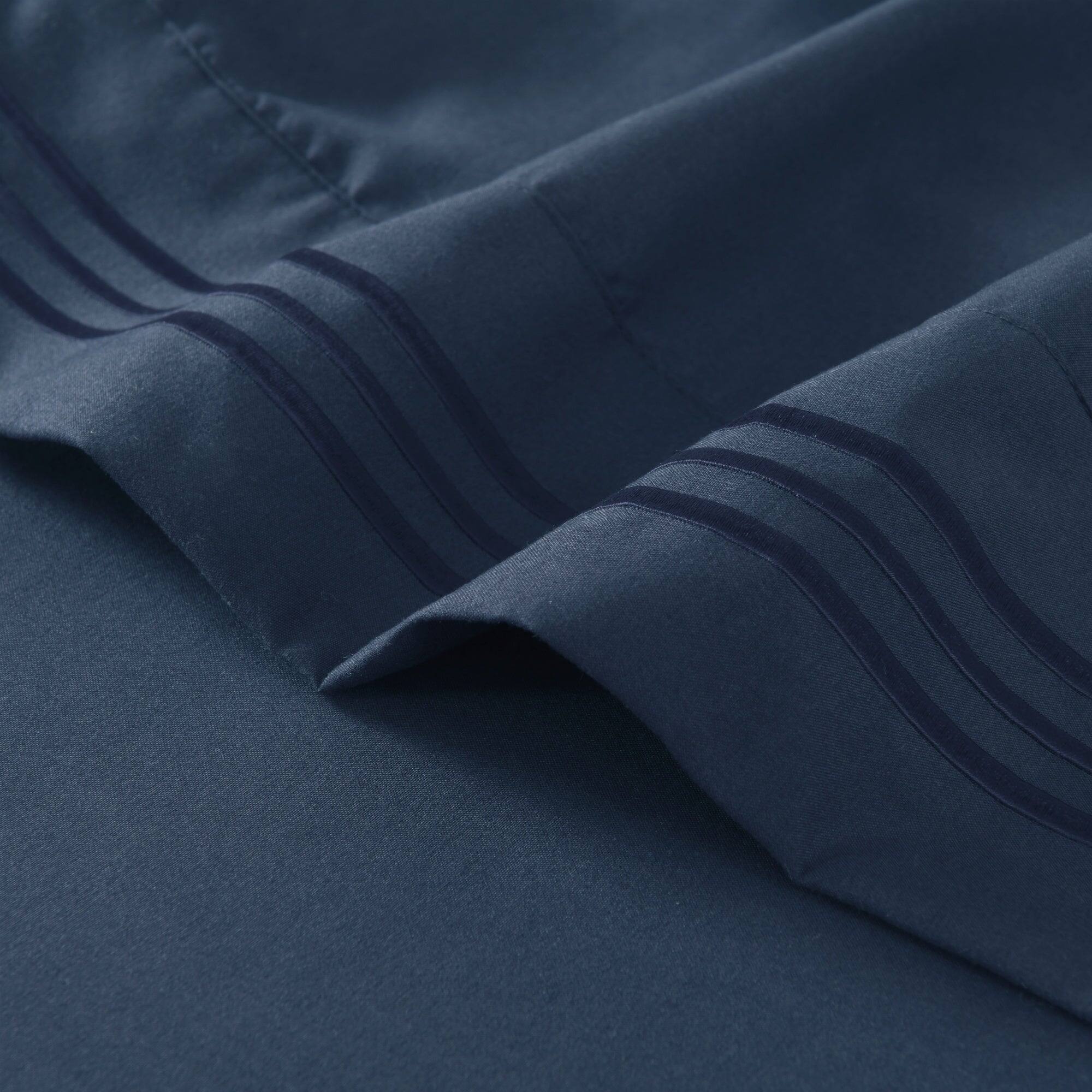 Back. MarCielo - Marcielo 3/4 Pcs Soft Solid & Embroidery Bed Sheets Set - Navy Blue.