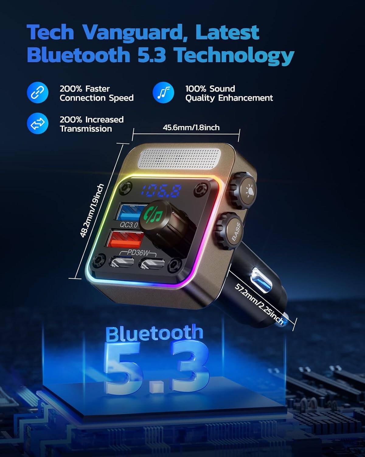 Tech Vanguard, Latest Bluetooth 5.3 Technology

- 200% Faster Connection Speed
- 100% Sound Quality Enhancement
- 200% Increased Transmission

Dimensions:
- 45.6mm/1.8inch
- 48.2mm/1.9inch
- 57.2mm/2.25inch

Features:
- QC3.0
- PD36W