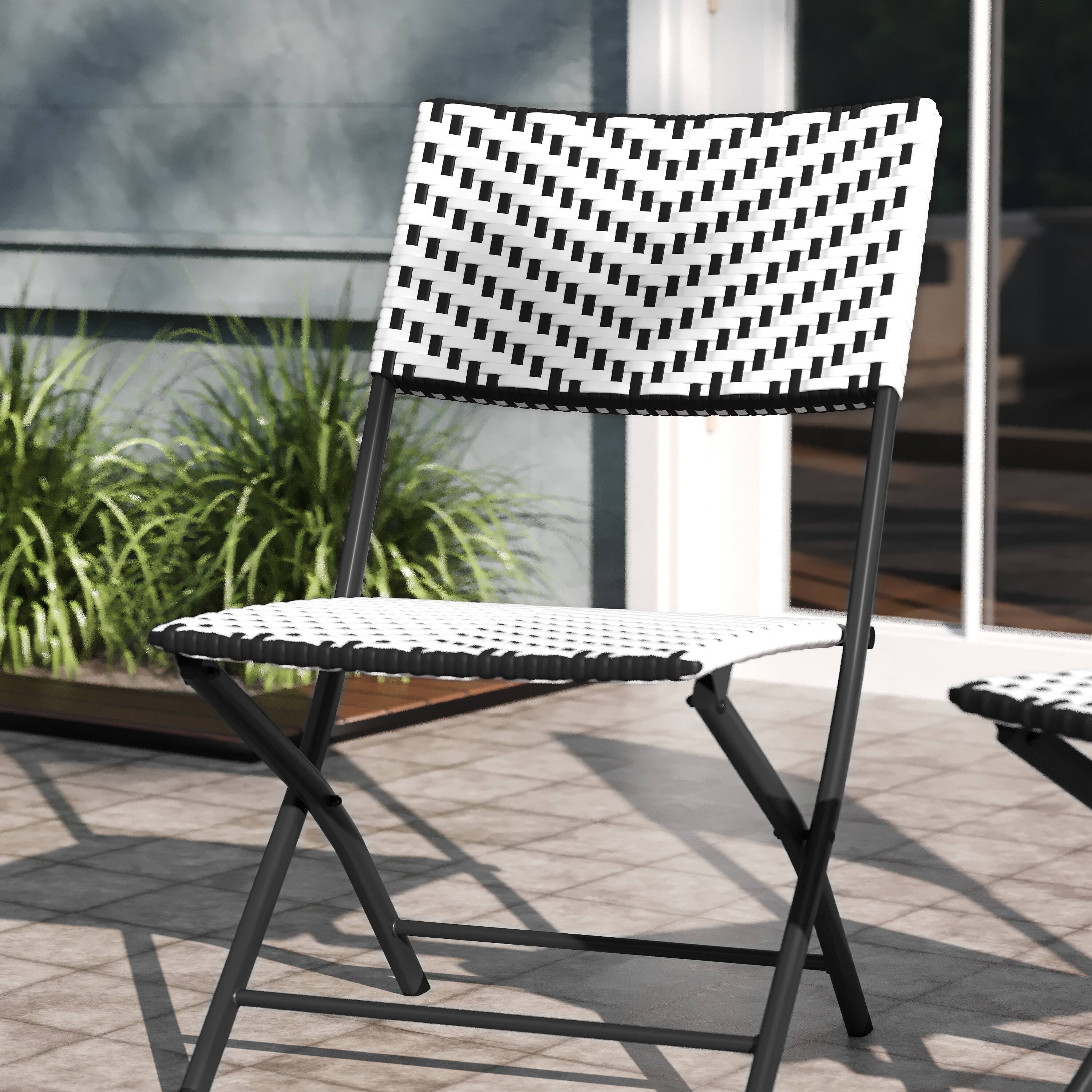 Alt View 5. Emma + Oliver - Ciel Set of Two Folding Bistro Chairs in PE Rattan with Metal Frames for Indoor and Outdoor Use - Black & White.