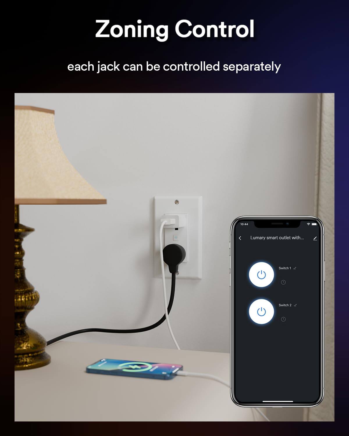 Zoning Control  
each jack can be controlled separately  

10:44  
Lumary smart outlet with...  
Switch 1  
Switch 2
