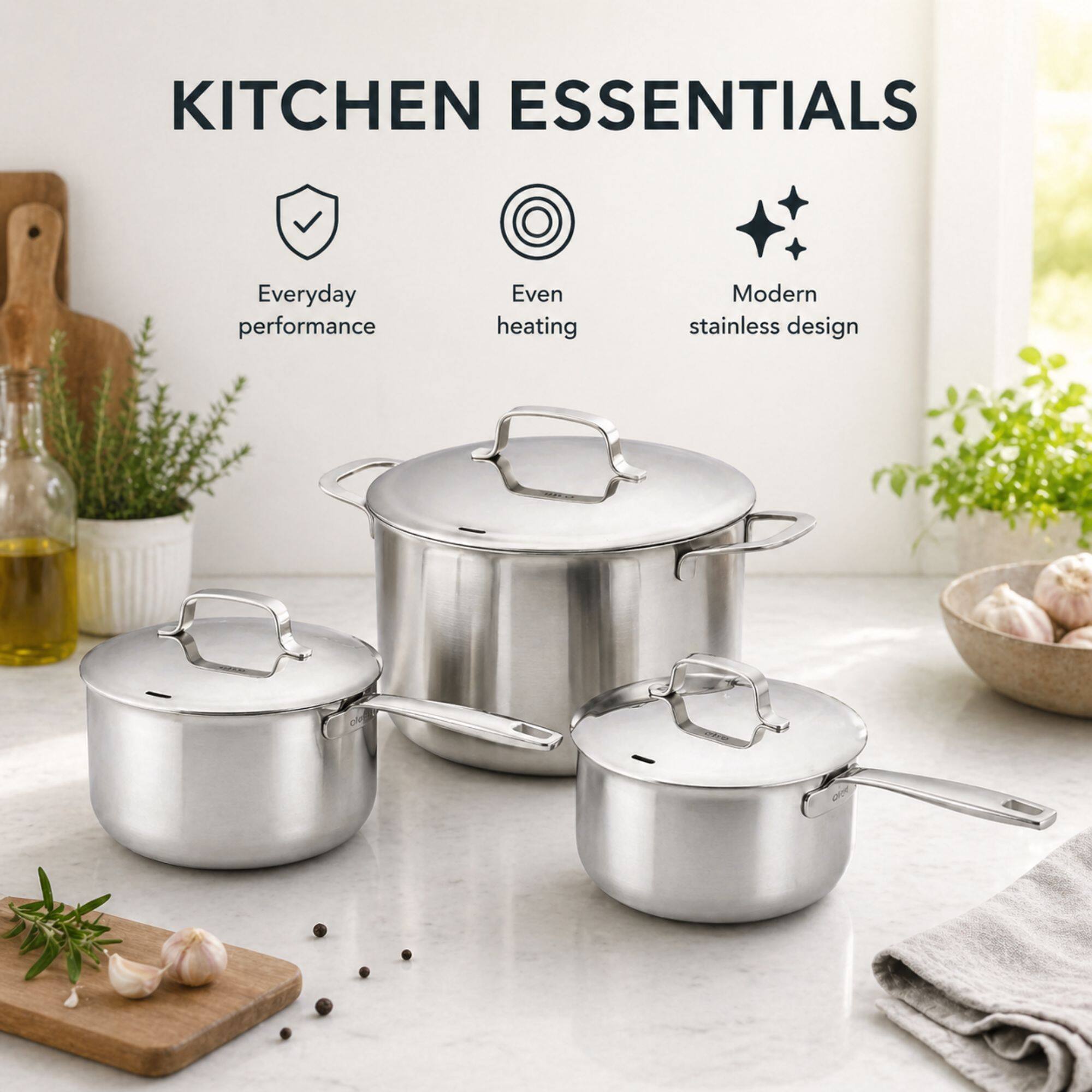 KITCHEN ESSENTIALS

- Everyday performance
- Even heating
- Modern stainless design