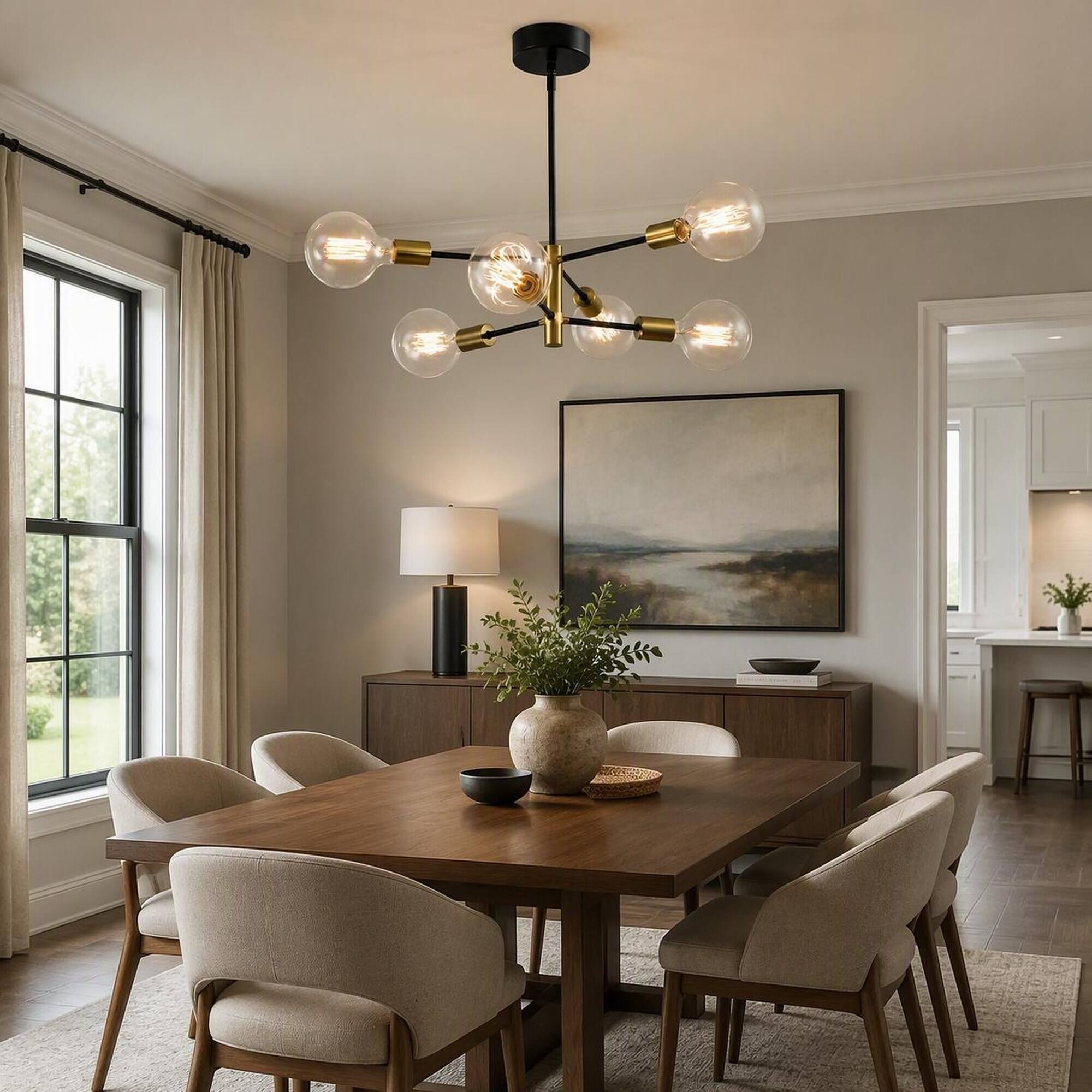 Angle. RYHNUYNE - 6-Light Modern Sputnik Chandelier, Black Brass Finish Industrial Pendant Fixture Adjustable Height - Black+Gold.