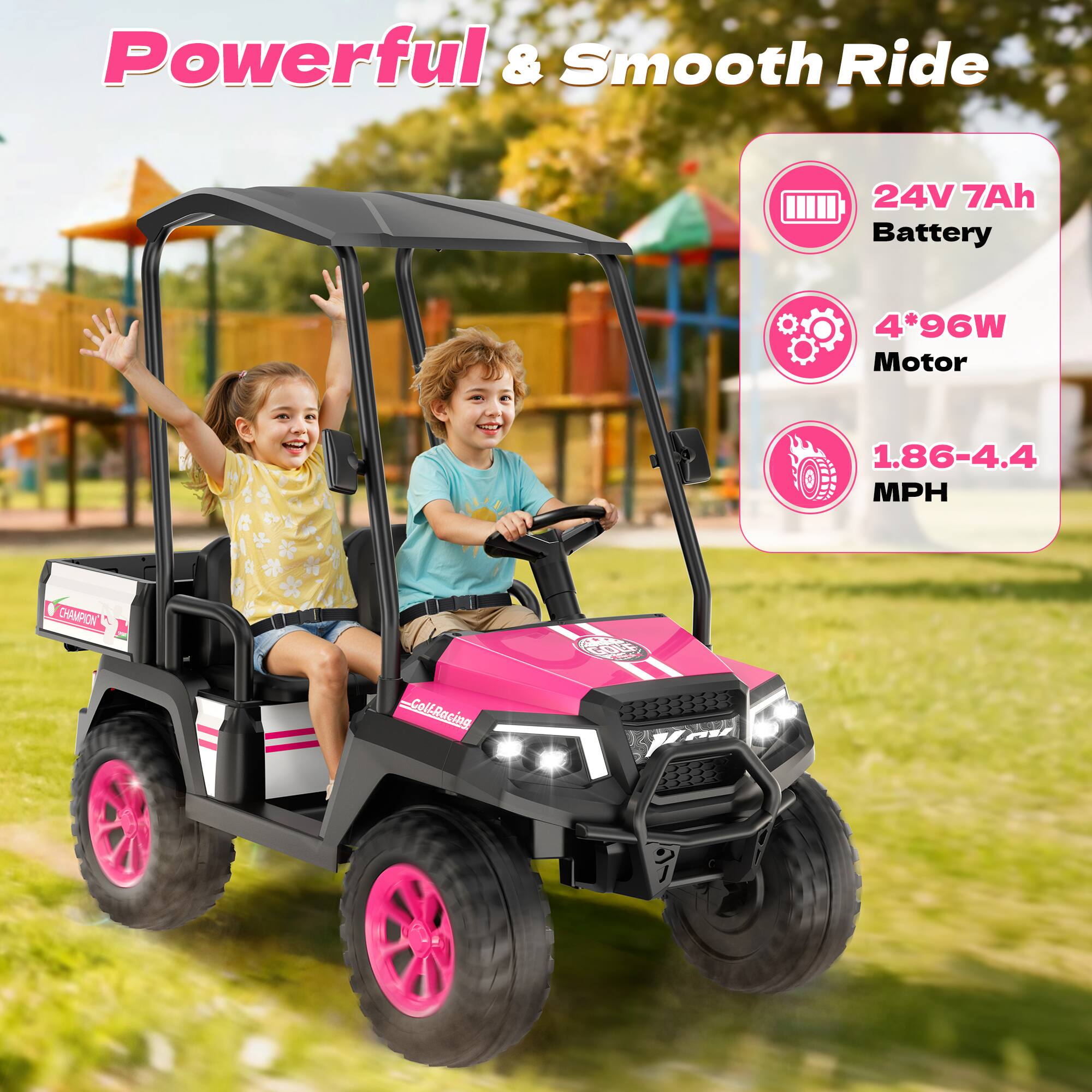 Powerful & Smooth Ride

24V 7Ah Battery

4*96W Motor

1.86-4.4 MPH

CHAMPION THE
Coll-Racing