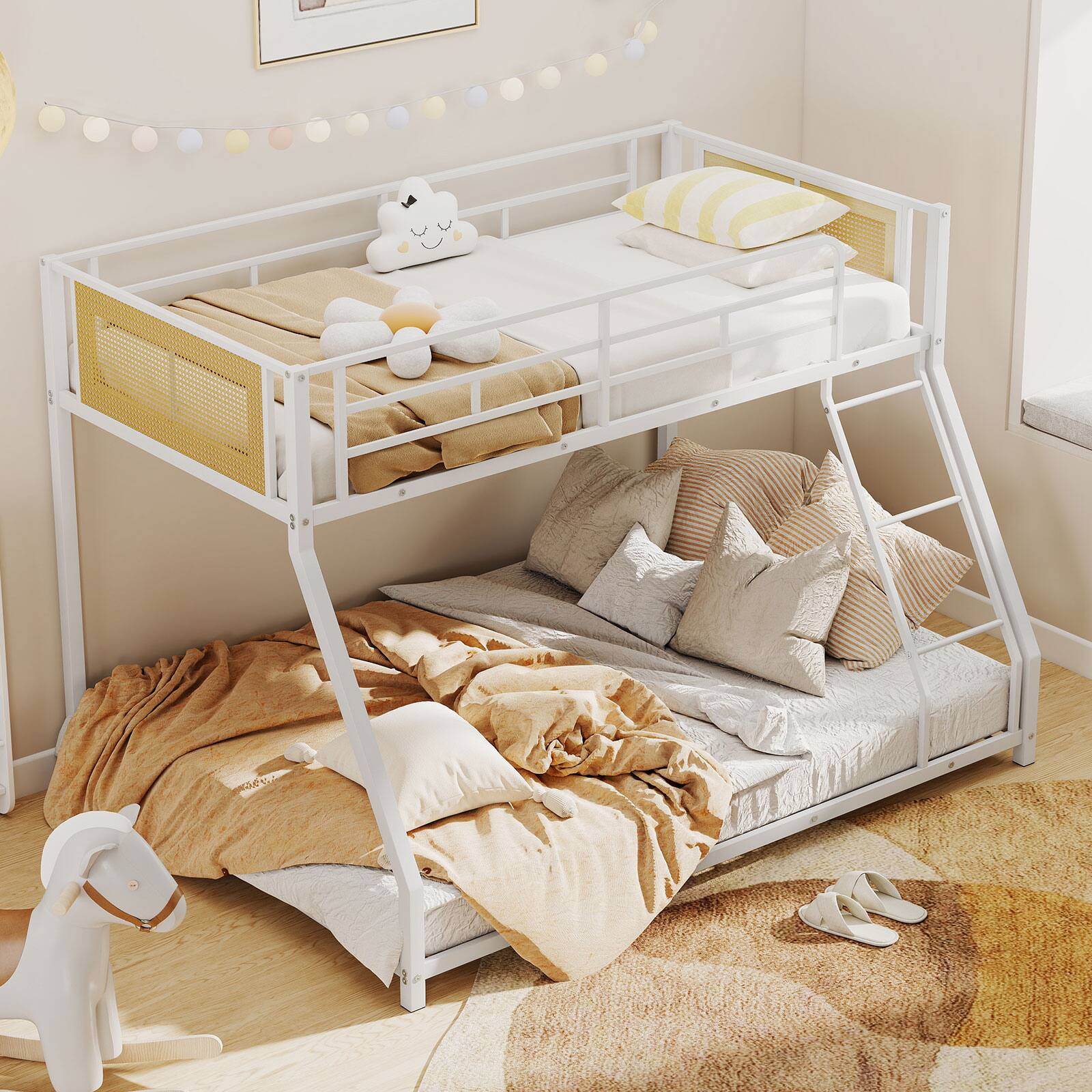 Alt View 1. Gymax - Gymax Metal Bunk Bed Twin Over Full Low Profile Bunkbeds w/ Full Length Safety Guardrail White - White.