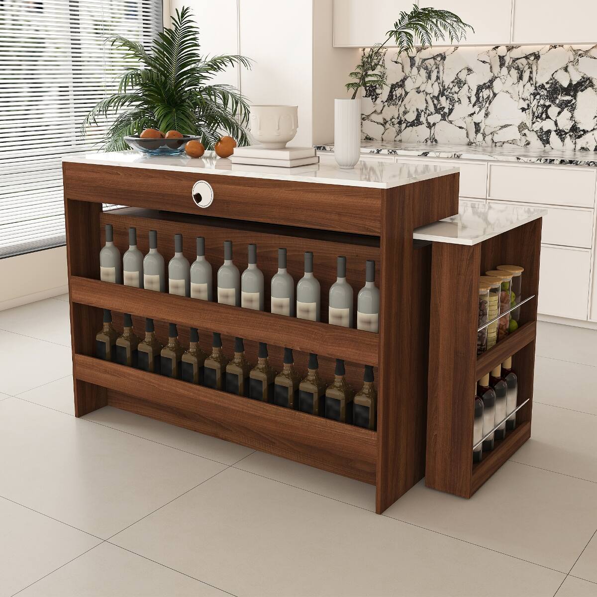 Alt View 10. Loheer - Kitchen Island with Extendable Rotating Table, Walnut Veneer Retro Design, Expandable Dining Station - White+Walnut.