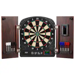 VEVOR - Dartboard and Cabinet Set, Ready-to-Play Bundle Dartboard Cabinet Set, Hideaway Cabinet Features Electronic Scoring - Brown