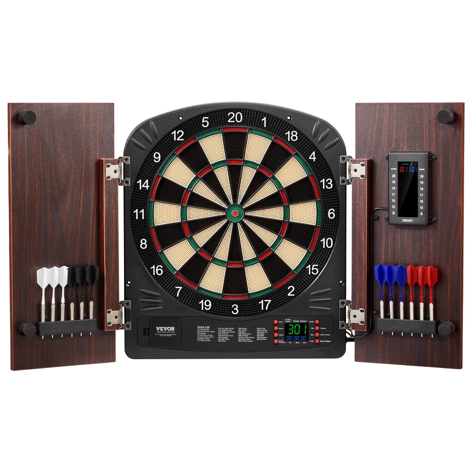 VEVOR - Dartboard and Cabinet Set, Ready-to-Play Bundle Dartboard Cabinet Set, Hideaway Cabinet Features Electronic Scoring - Brown