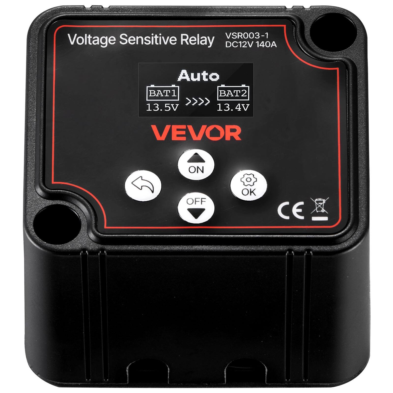 VSR003-1 Voltage Sensitive Relay DC12V 140A  
Auto  
BAT1 13.5V >>> BAT2 13.4V  
VEVOR  
ON OFF OK  
CE
