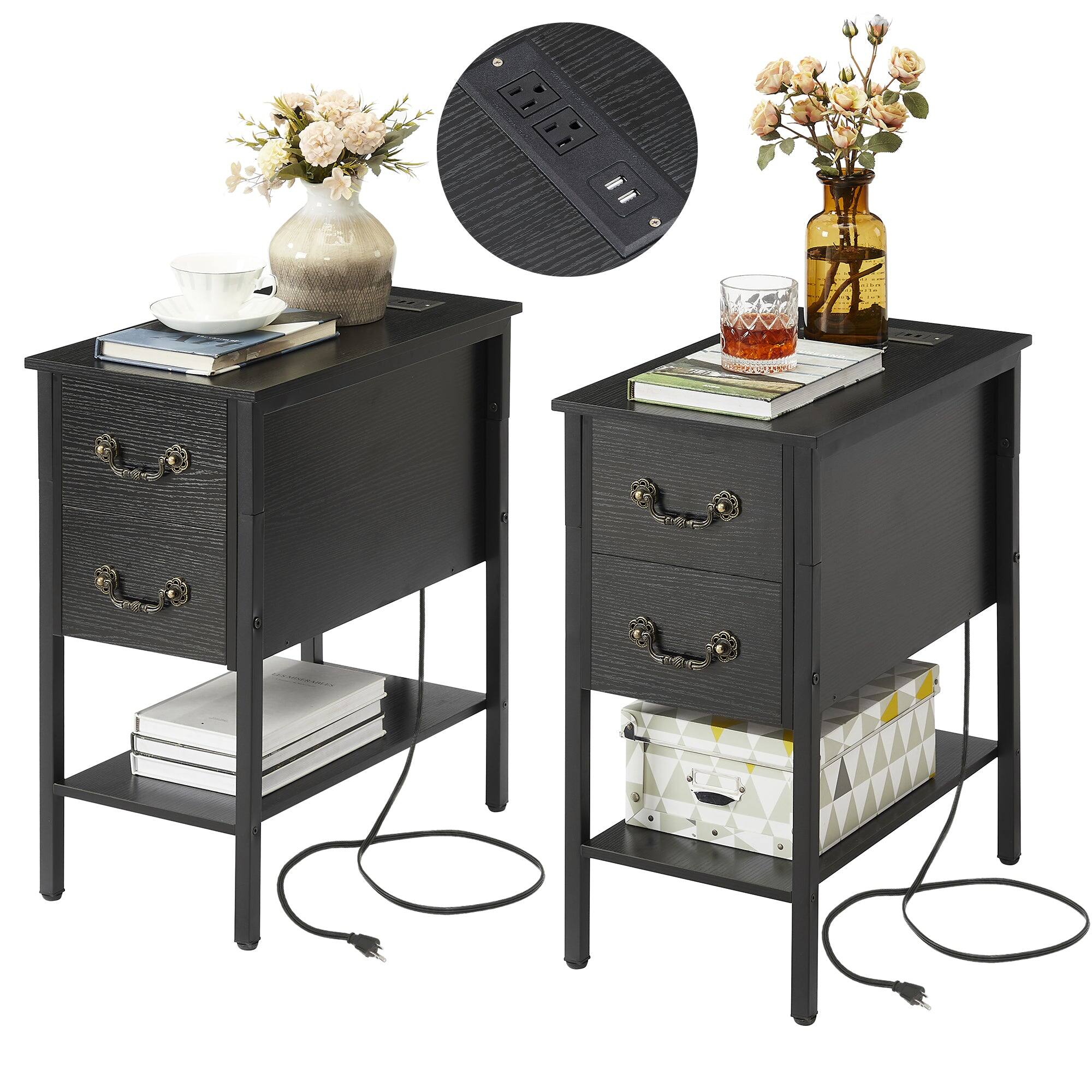 Vecelo - Set of 2 Charging Nightstand with Outlets & USB Ports - Bedside Table With Fabric Drawers, Modern End Table - Black