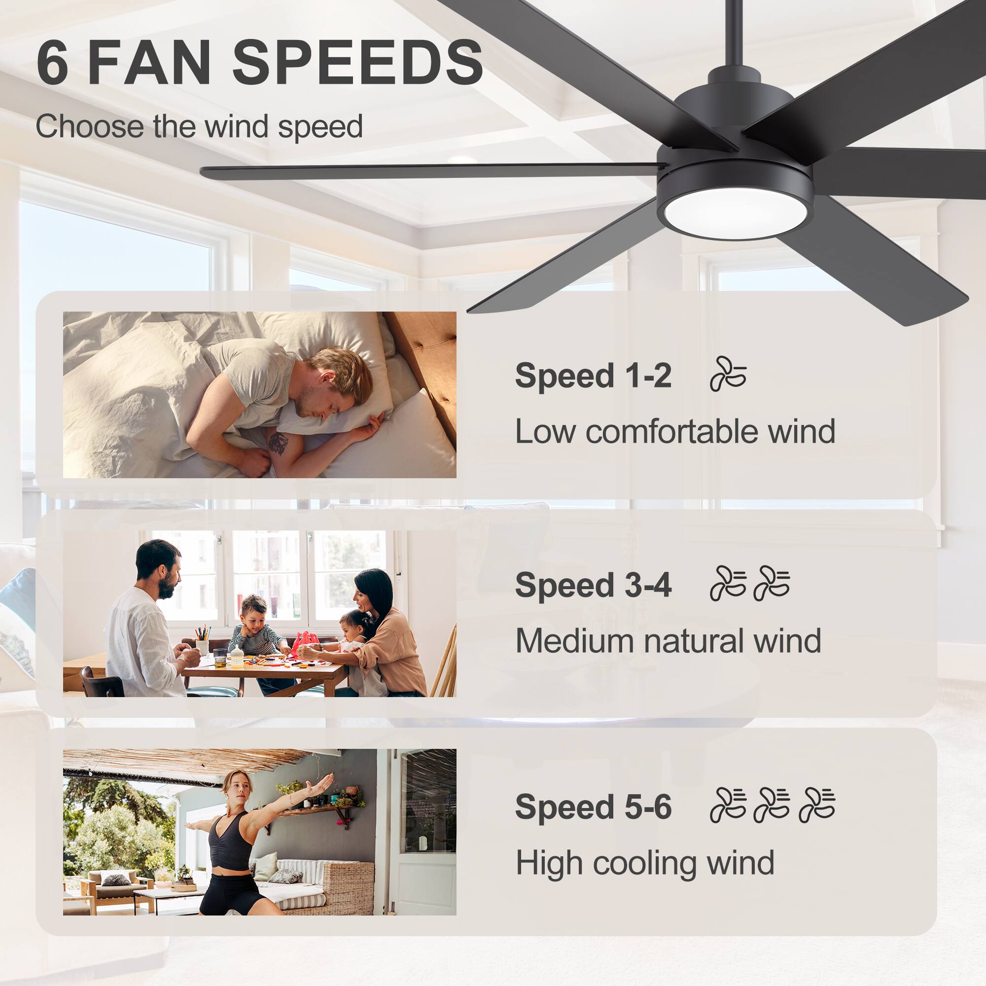 6 FAN SPEEDS  
Choose the wind speed  

Speed 1-2  
Low comfortable wind  

Speed 3-4  
Medium natural wind  

Speed 5-6  
High cooling wind