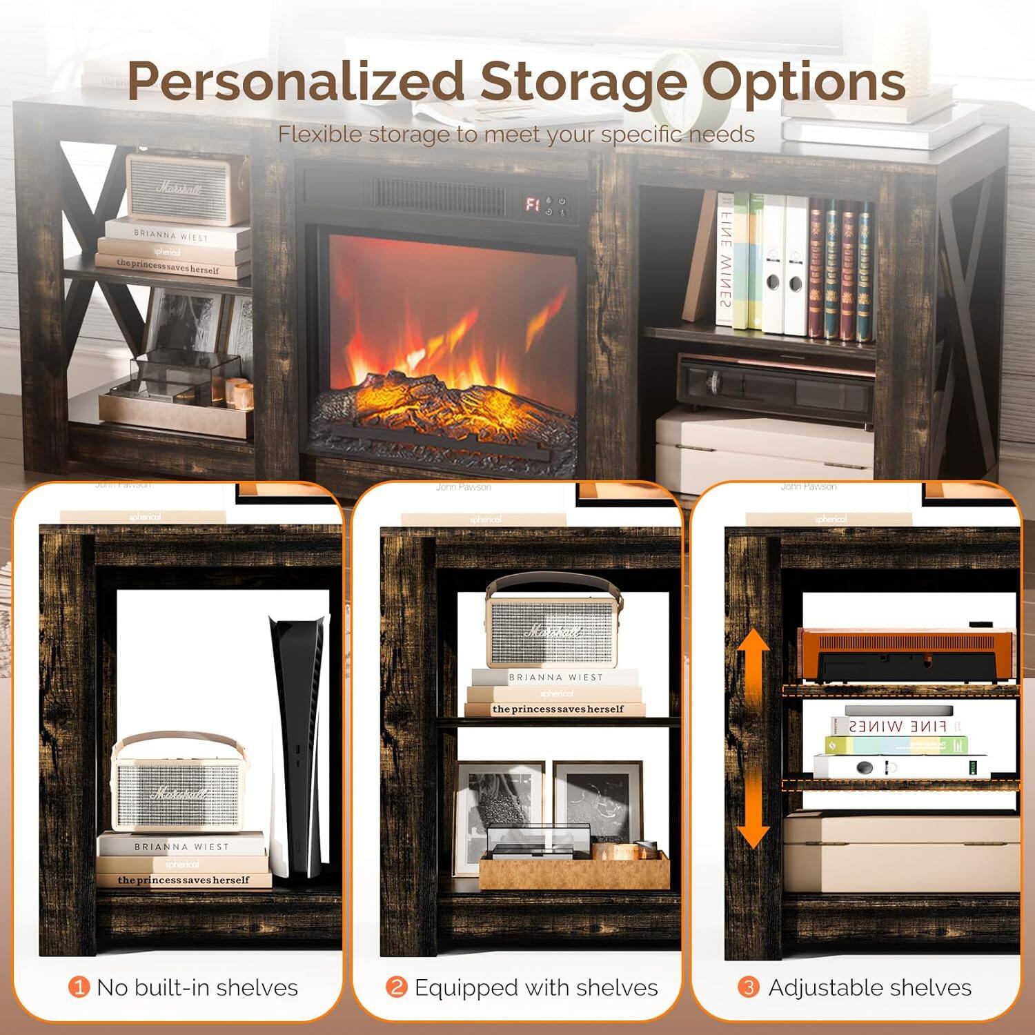 Alt View 2. Winado - Fireplace TV Stand Cabinet for up to 70" TVs, Farmhouse Entertainment Center with 23" Remoted Electric Fireplace Heater - Dark grey oak color.