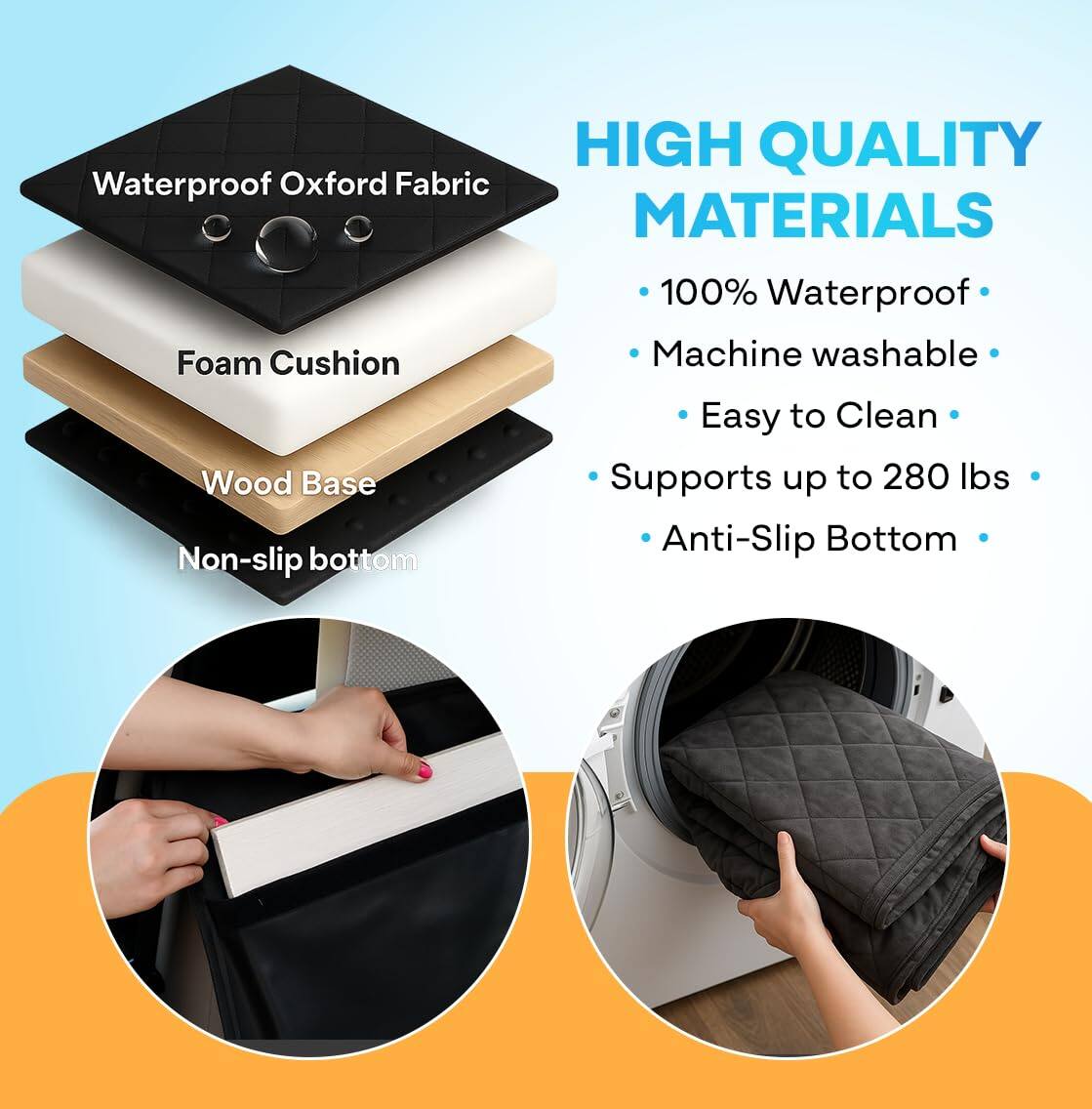 Waterproof Oxford Fabric Foam Cushion Wood Base Non-slip bottom

HIGH QUALITY MATERIALS
- 100% Waterproof
- Machine washable
- Easy to Clean
- Supports up to 280 lbs
- Anti-Slip Bottom