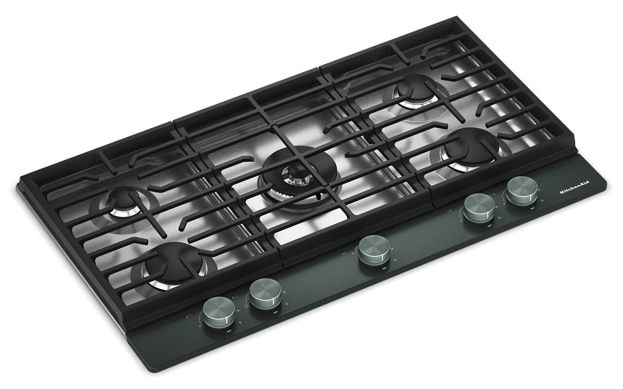 Angle. KitchenAid - 36 in. wide Gas Cooktop with 5 Burners and Integrated Wok Grate - Juniper.