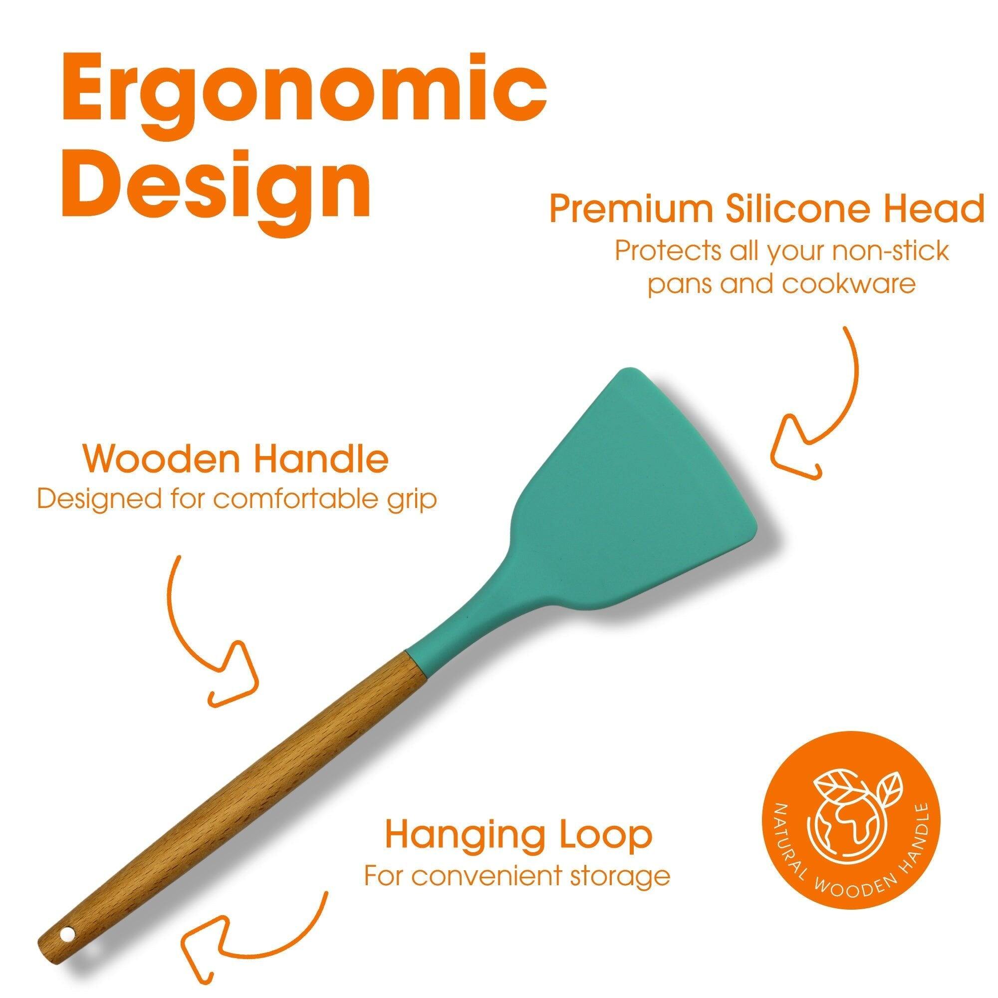 Ergonomic Design

Premium Silicone Head
Protects all your non-stick pans and cookware

Wooden Handle
Designed for comfortable grip

Hanging Loop
For convenient storage

NATURAL WOODEN HANDLE