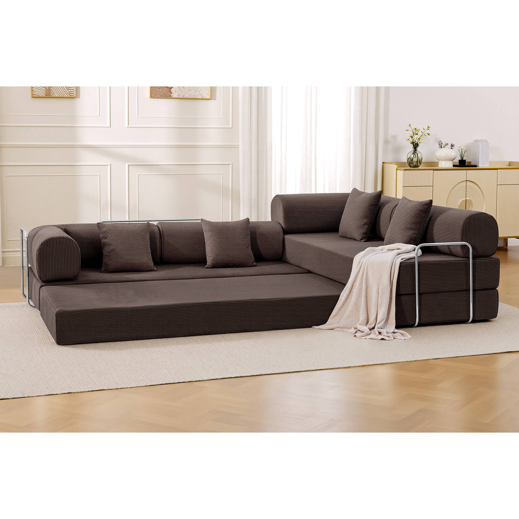Left. KERDOM - L-Shaped Corduroy Couch Chaise Lounge, 78'' Foldable Sofa Bed 2pcs Combined, Spliced Block Modular Sectional Sponge Sofa - Coffee.