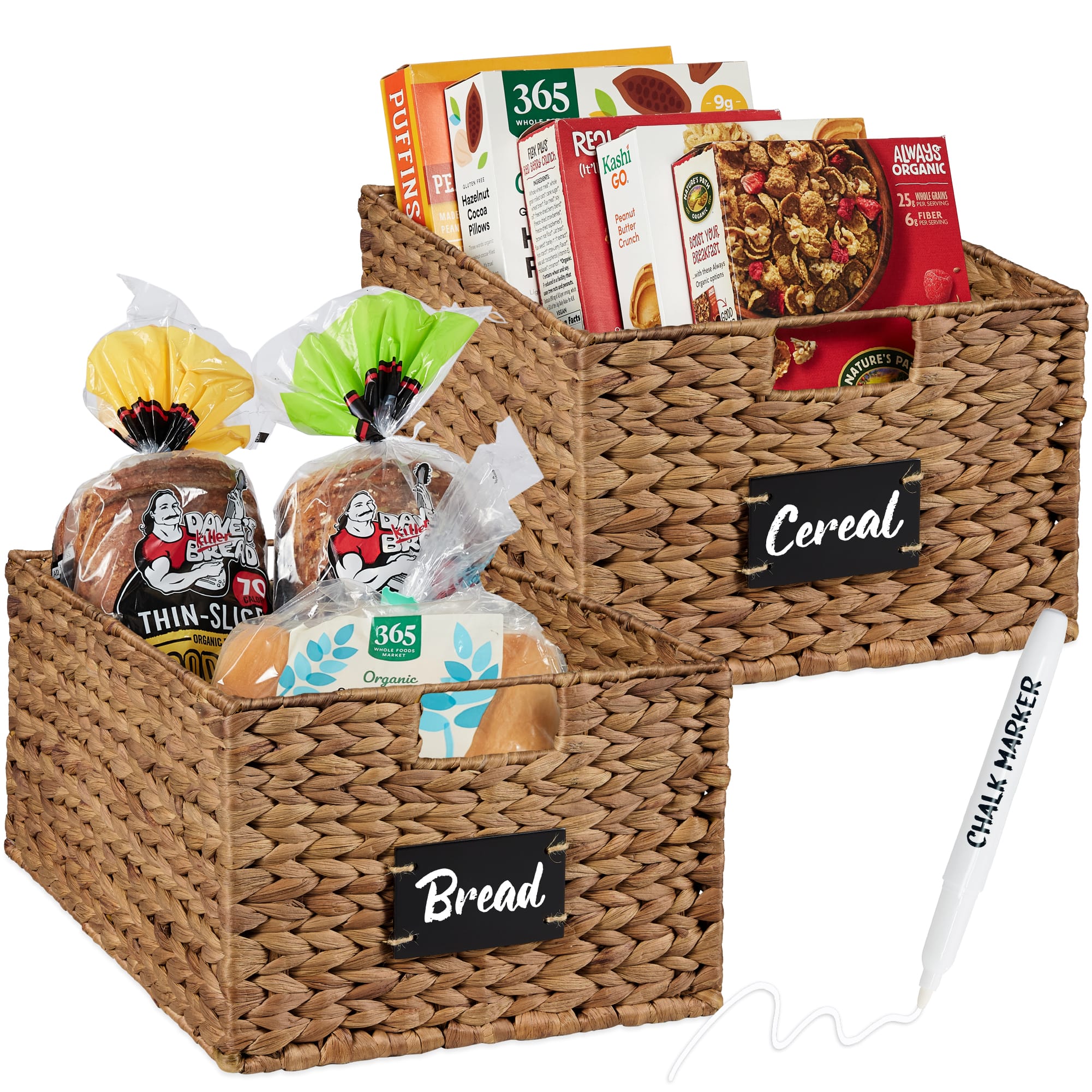 Best Choice Products - Set of 2 16in Woven Water Hyacinth Pantry Baskets w/ Chalkboard Label, Chalk Marker - Chestnut